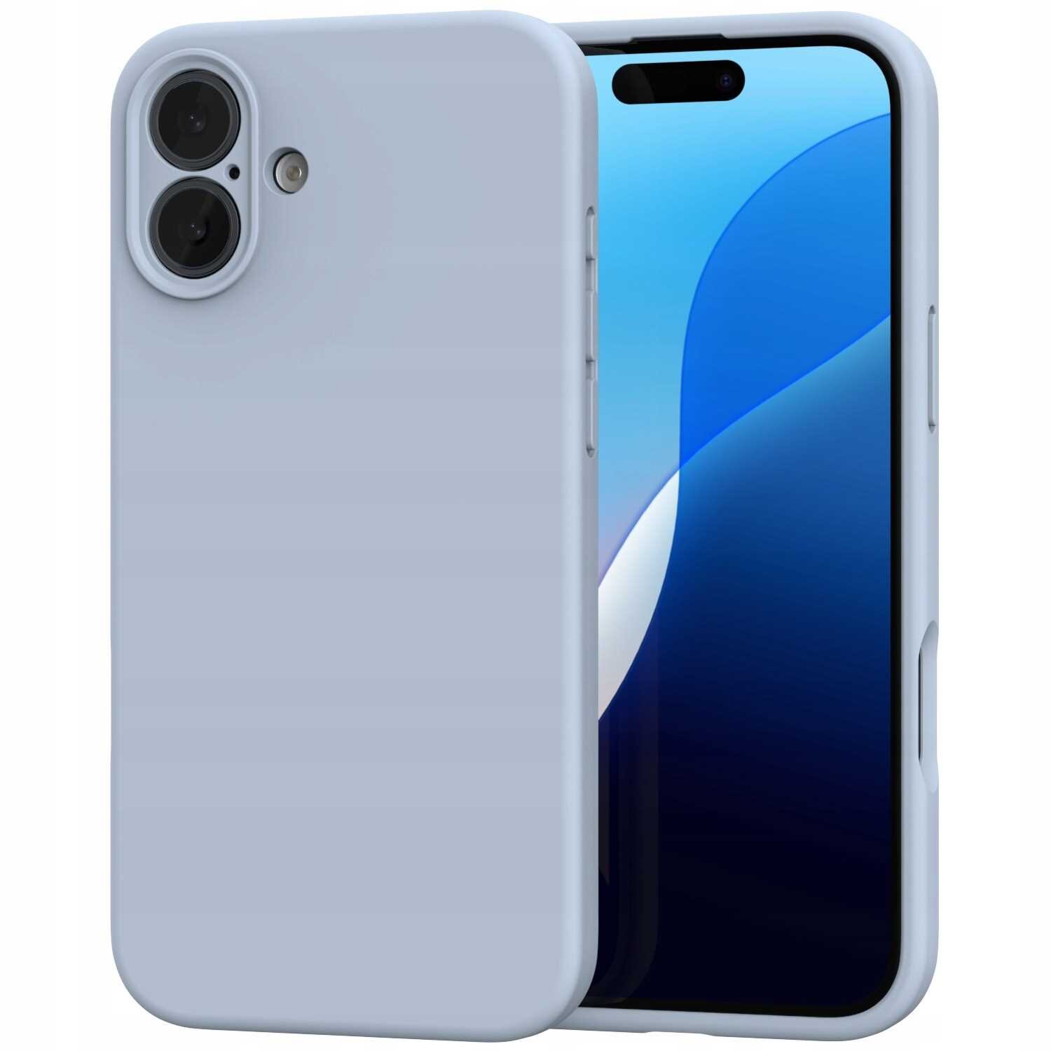 Na obrazie widoczne jest niebieskie silikonowe etui na telefon z dwoma otworami na aparaty i jednym na lampę błyskową. W tle widać ekran telefonu z niebiesko-białą grafiką.