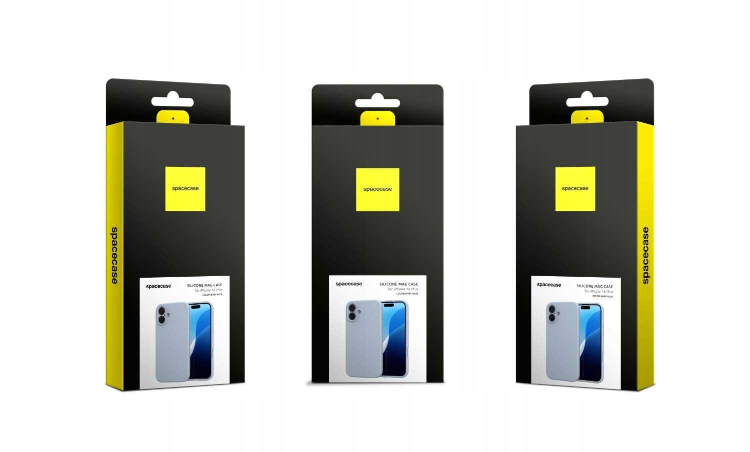 Trzy opakowania produktu z logo \'spacecase\' na czarnym tle z żółtym akcentem. Na każdym opakowaniu widoczny jest obrazek przedstawiający telefon z niebieskim etui.