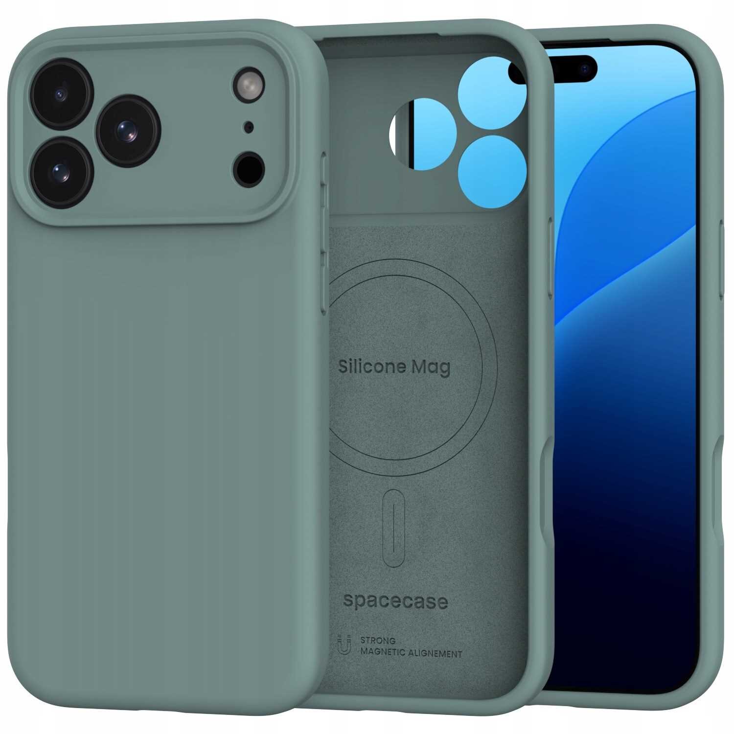 Zielone silikonowe etui z trzema otworami na aparaty i jednym na lampę błyskową. Wewnątrz widoczny napis \'Silicone Mag\' oraz logo \'spacecase\'.