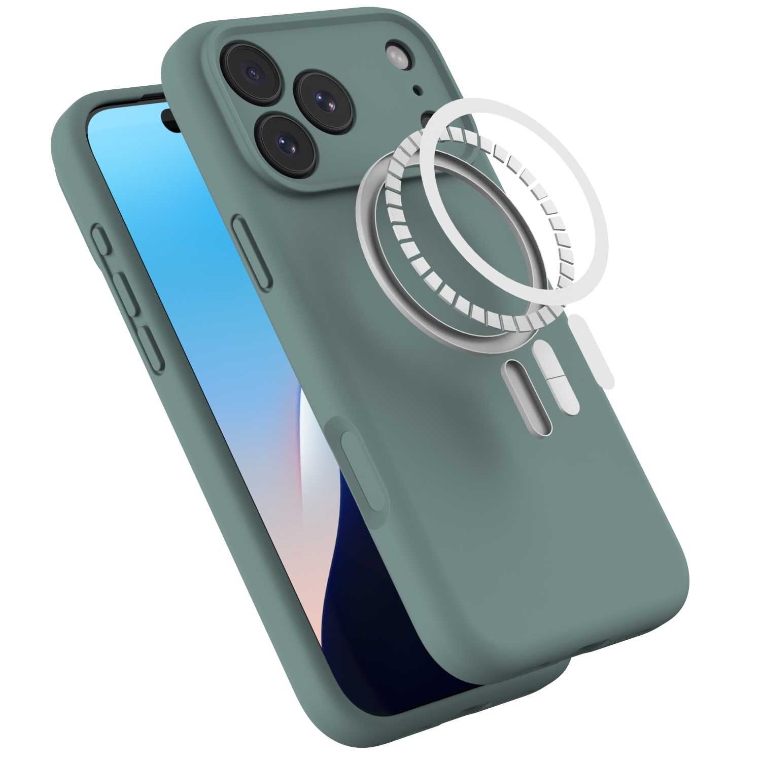 Zielone silikonowe etui z trzema otworami na aparaty i magnetycznym pierścieniem. Etui jest przeznaczone do telefonu iPhone 17 Pro Max.