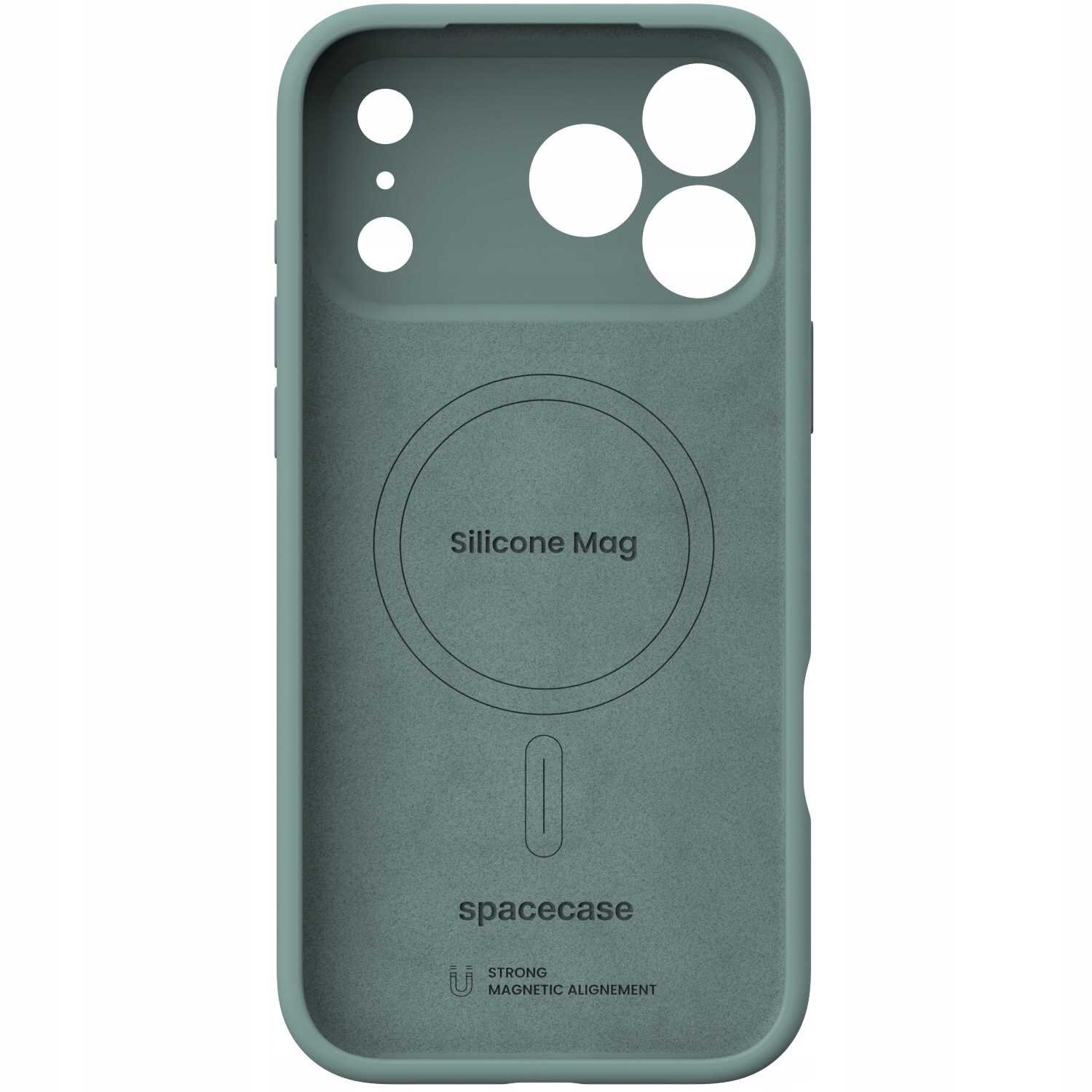 Zielone silikonowe etui z wycięciami na aparat i logo \'spacecase\'. Na etui widoczny jest napis \'Silicone Mag\' oraz symbol \'STRONG MAGNETIC ALIGNEMENT\'.