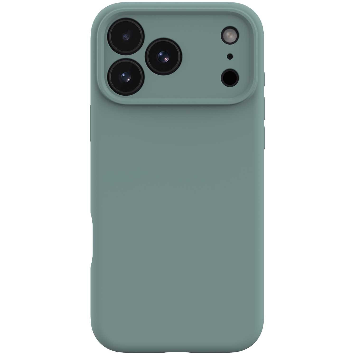 Zielone silikonowe etui na telefon z trzema dużymi otworami na aparaty i dodatkowymi mniejszymi otworami na inne elementy. Etui ma gładką powierzchnię i zaokrąglone krawędzie.