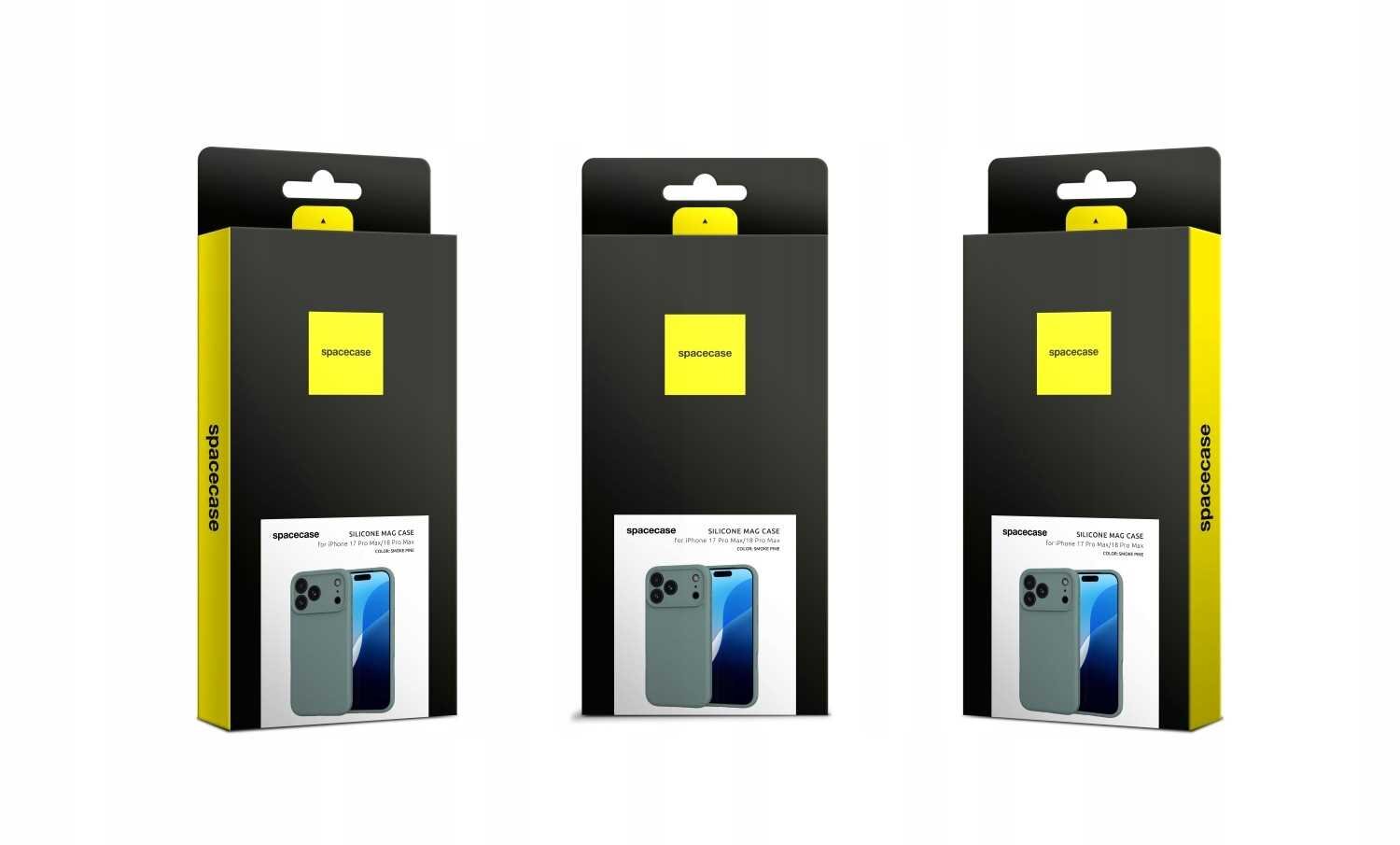 Trzy opakowania produktu SPACECASE Pure Mag do iPhone 16 Pro Szary, z widocznym logo \'spacecase\' na żółtym tle. Na każdym opakowaniu znajduje się zdjęcie etui i telefonu.