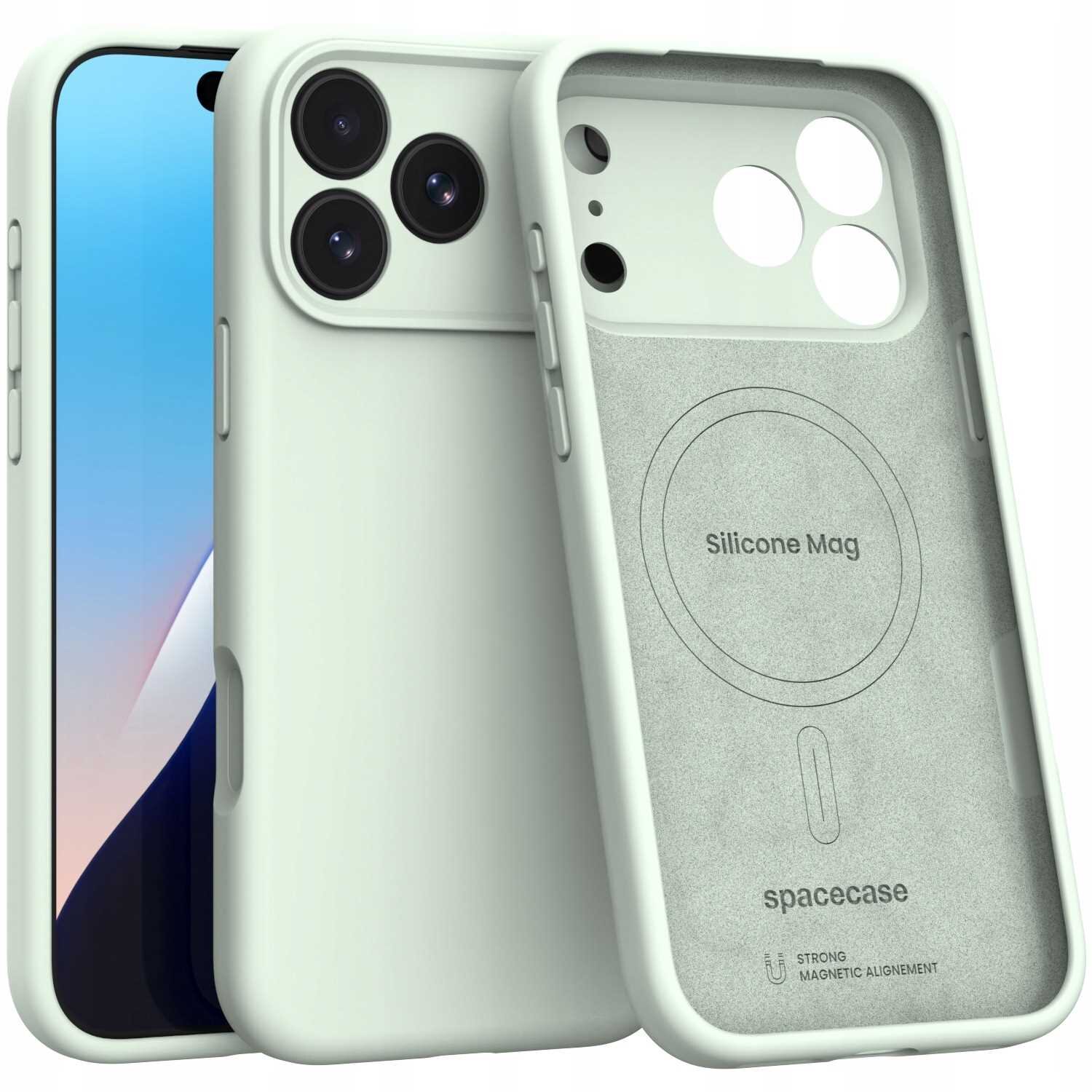 Silikonowe etui magnetyczne w kolorze zielonym z napisem \'Silicone Mag\' i logo \'spacecase\'. Etui jest przeznaczone do iPhone 17 Pro Max i posiada wycięcia na aparat oraz porty.