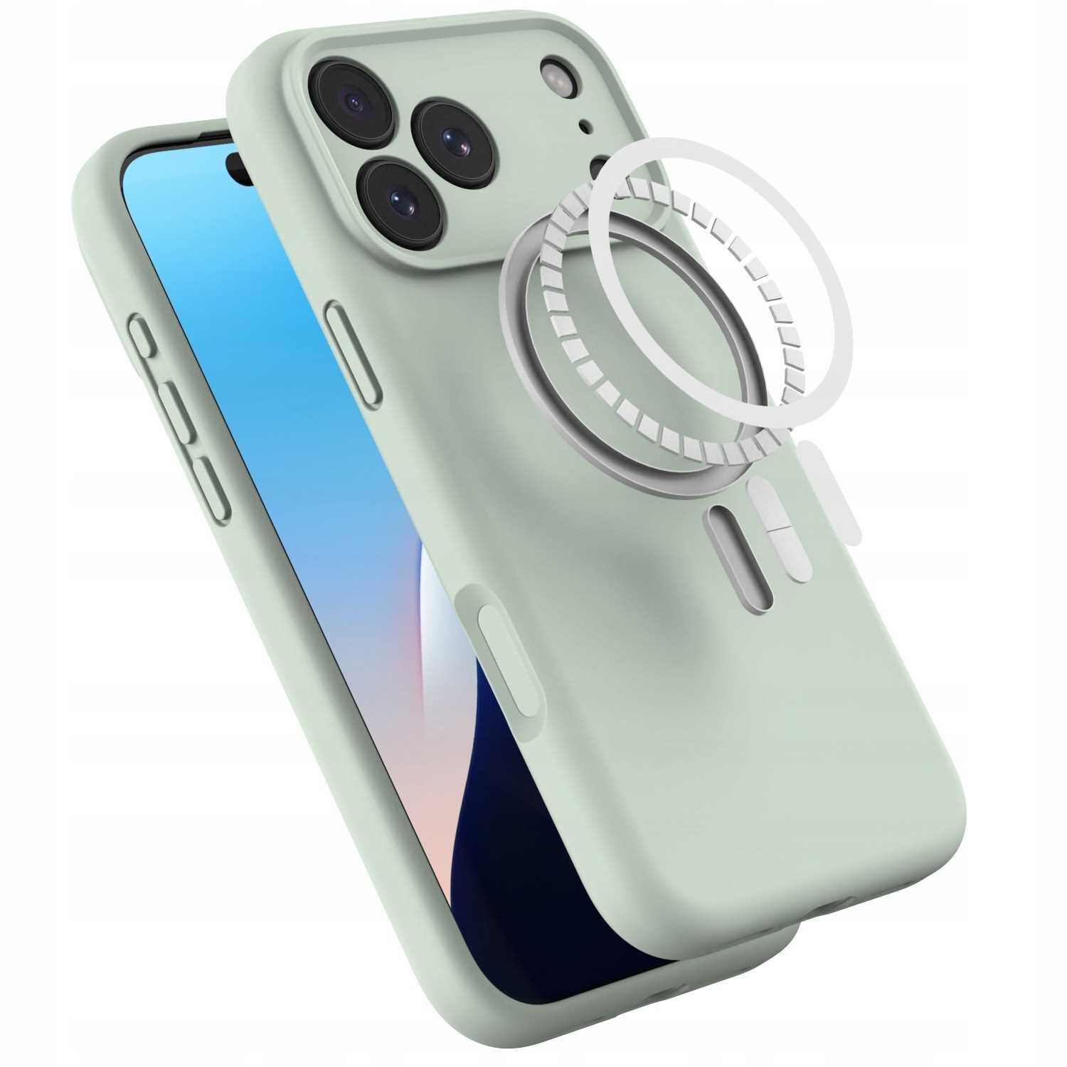 Zielone silikonowe etui magnetyczne z MagSafe, przeznaczone do iPhone 17 Pro Max, z widocznymi trzema otworami na aparaty i dodatkowymi przyciskami bocznymi. Na etui znajduje się okrągły element magnetyczny.