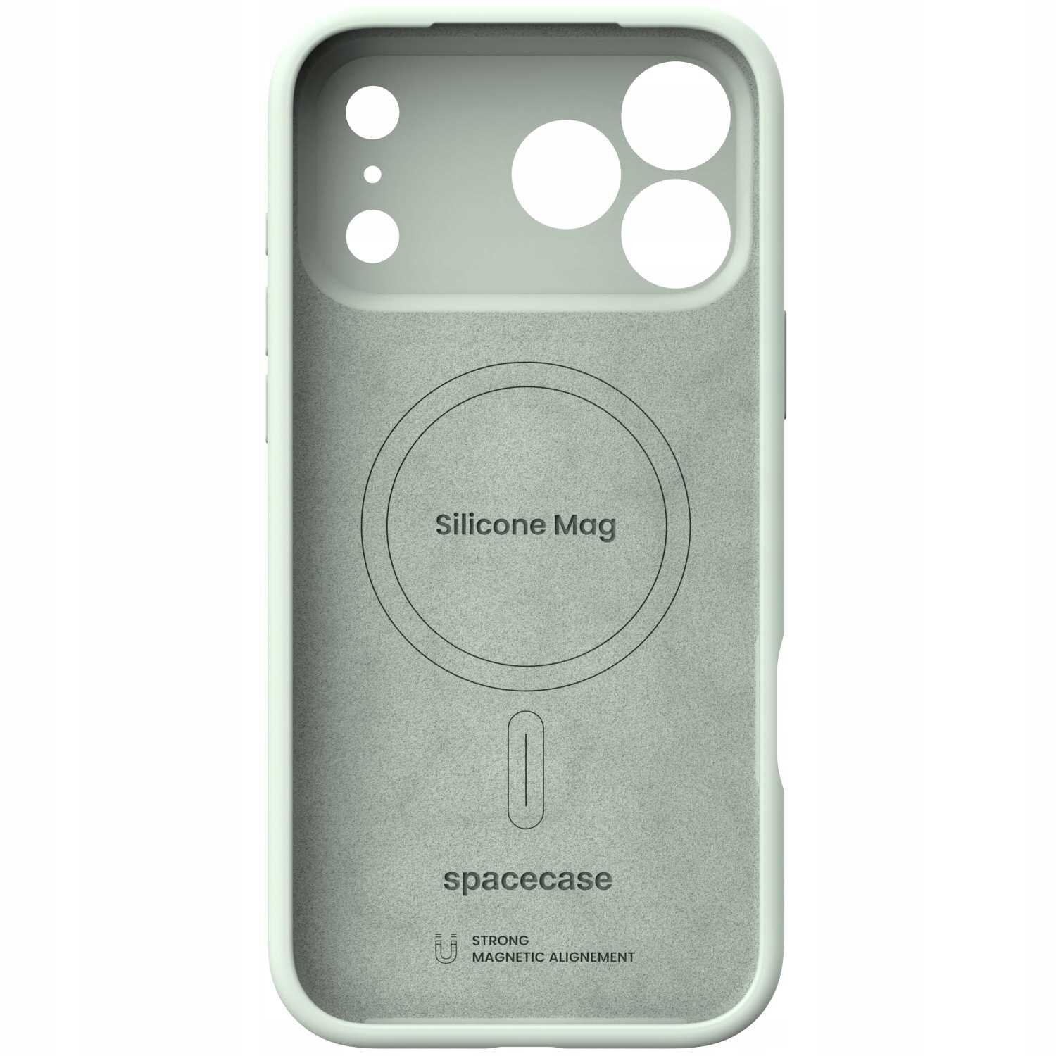 Zielone silikonowe etui z okrągłym wzorem i napisem \'Silicone Mag\' oraz \'spacecase\'. Widoczne są również napisy \'STRONG MAGNETIC ALIGNEMENT\'.