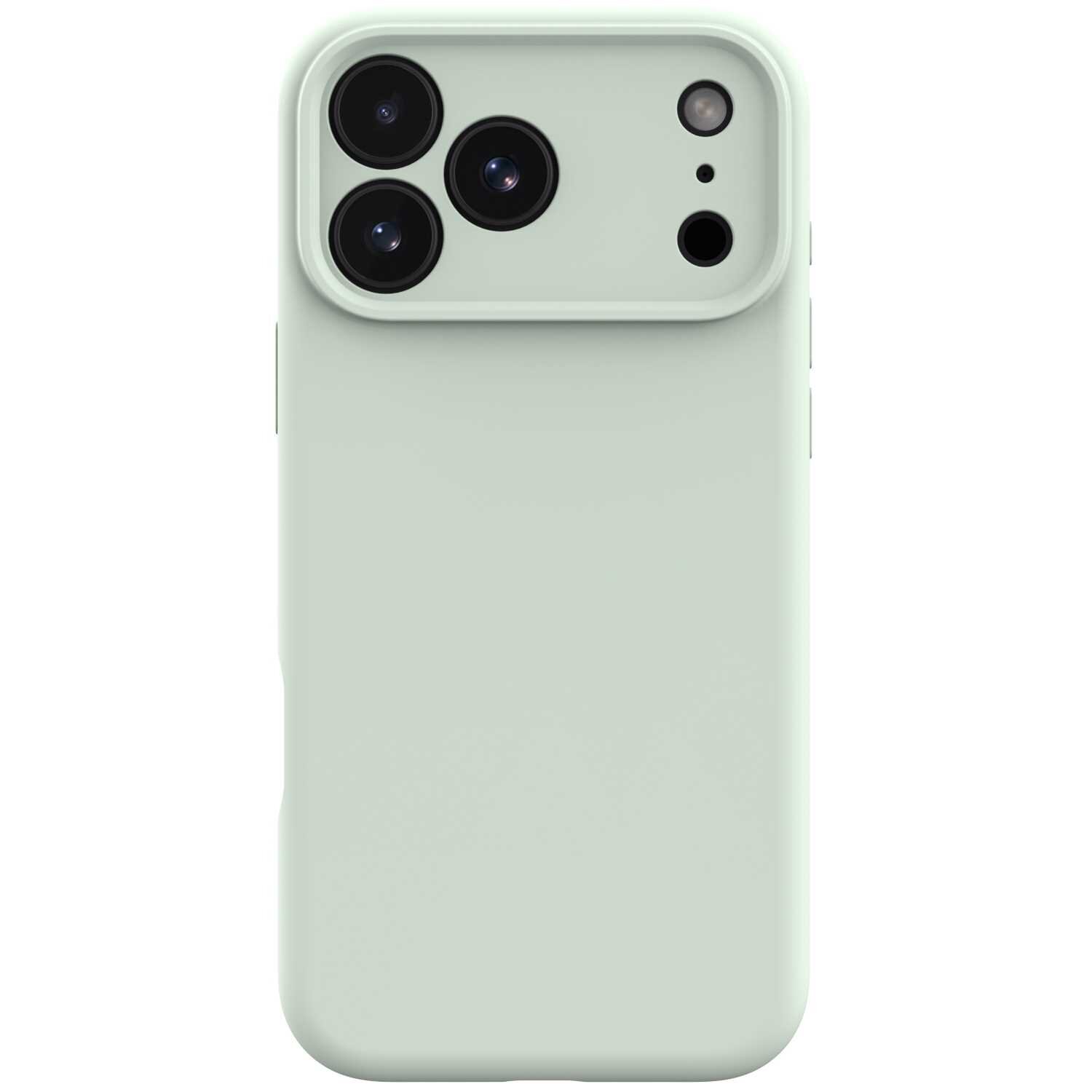Zielone silikonowe etui na telefon z trzema dużymi otworami na aparaty i dodatkowymi mniejszymi otworami na inne elementy. Etui ma gładką powierzchnię i zaokrąglone krawędzie.