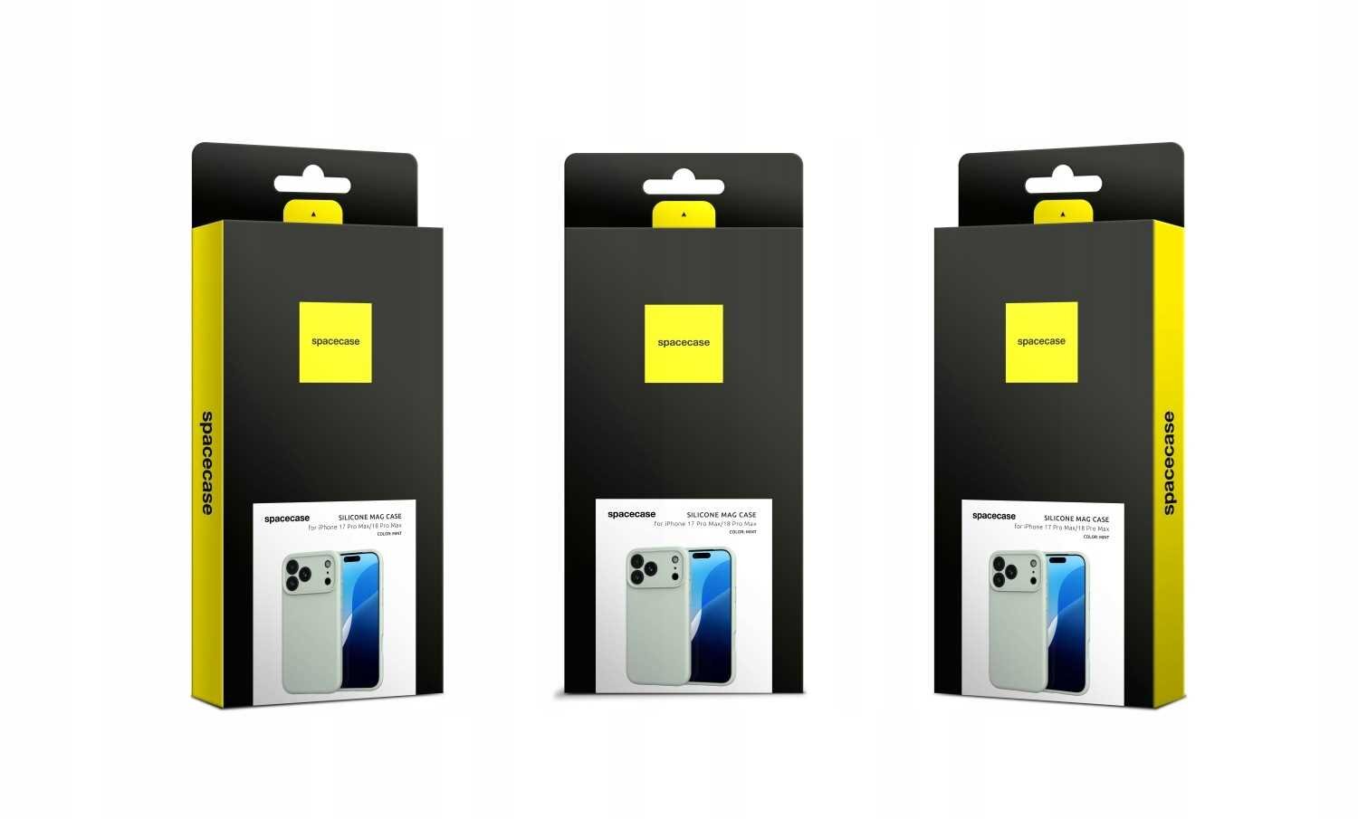 Trzy opakowania produktu z logo \'spacecase\' na czarnym tle z żółtymi elementami. Na każdym opakowaniu widoczny jest obrazek przedstawiający zielone etui na telefon oraz telefon z niebieskim ekranem.