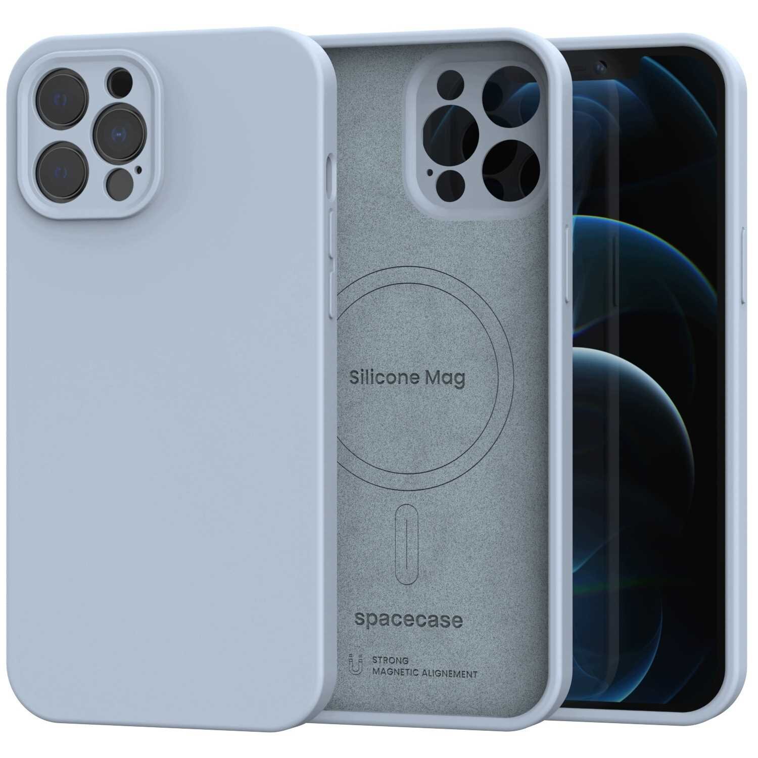 Na obrazie widoczne jest niebieskie silikonowe etui na telefon z trzema otworami na aparaty. Wewnątrz etui znajduje się napis \'Silicone Mag\' oraz \'spacecase\'.