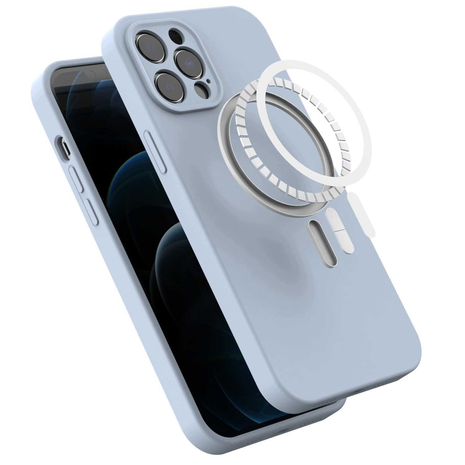 Niebieskie silikonowe etui magnetyczne z MagSafe do iPhone 12 Pro Max, z widocznym okrągłym wzorem na tylnej części. Etui posiada wycięcia na aparat i przyciski boczne.