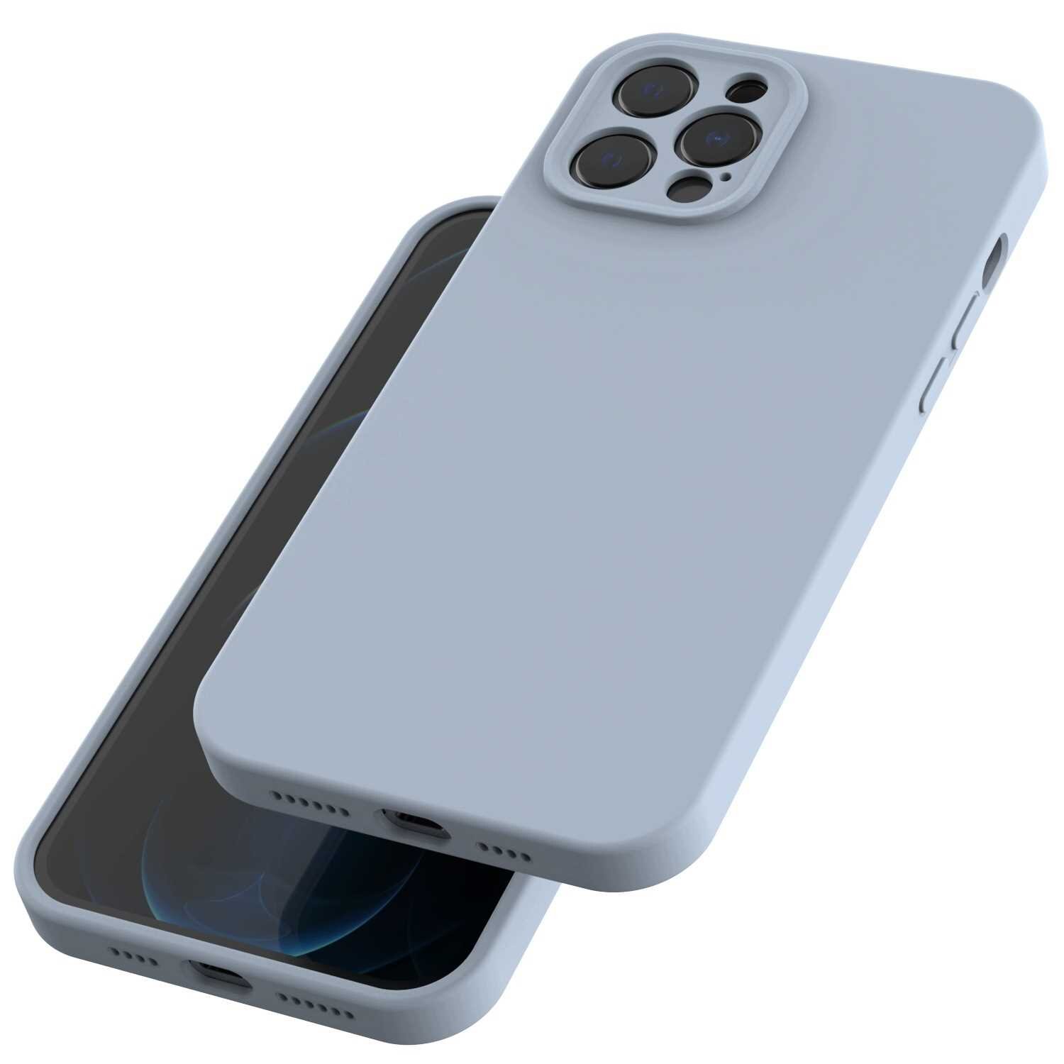 Na obrazie widoczne jest niebieskie silikonowe etui na telefon z trzema otworami na aparat. Etui jest przeznaczone dla iPhone 12 Pro Max i posiada funkcję MagSafe.