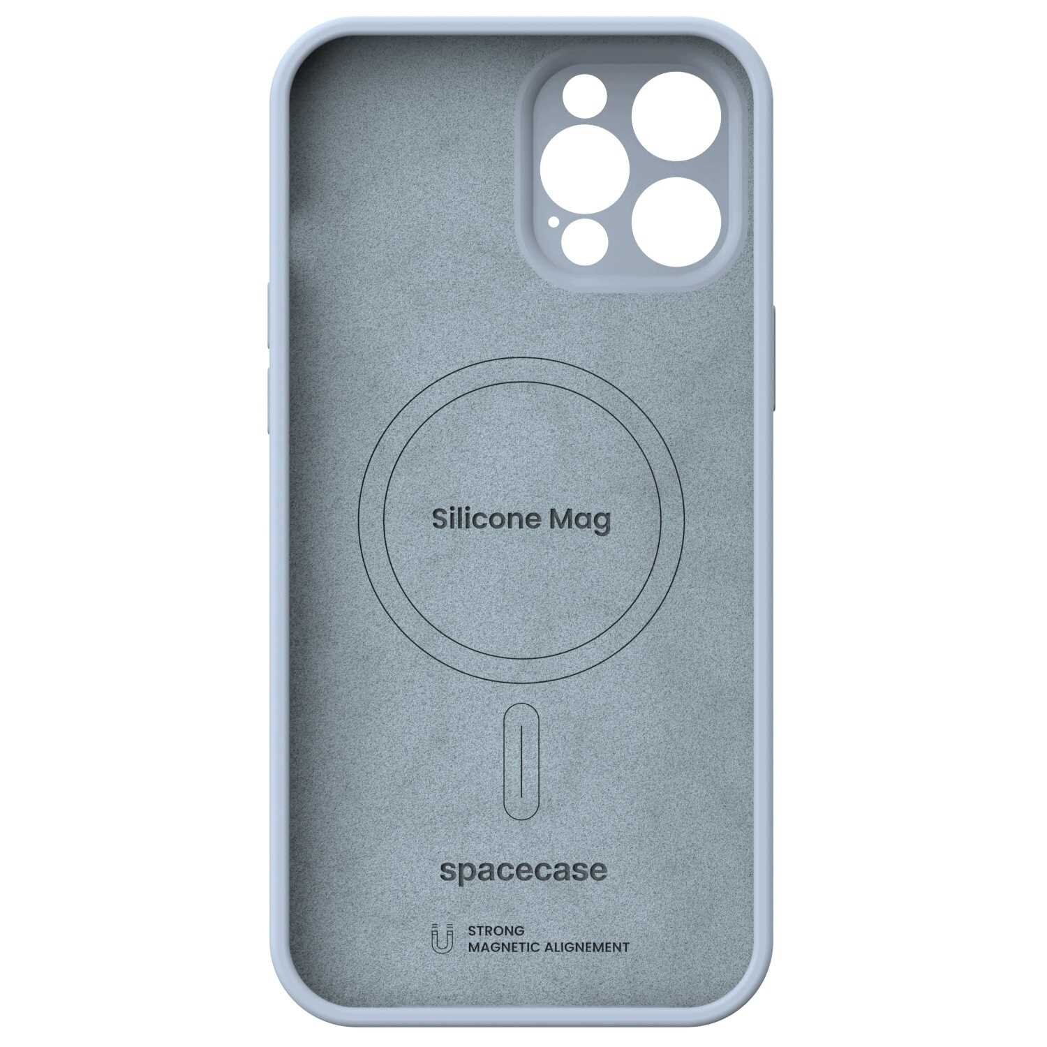 Silikonowe etui w kolorze niebieskim z wycięciami na aparat i napisem \'Silicone Mag\' oraz \'spacecase\'. Widoczne jest także logo i napis \'STRONG MAGNETIC ALIGNEMENT\'.