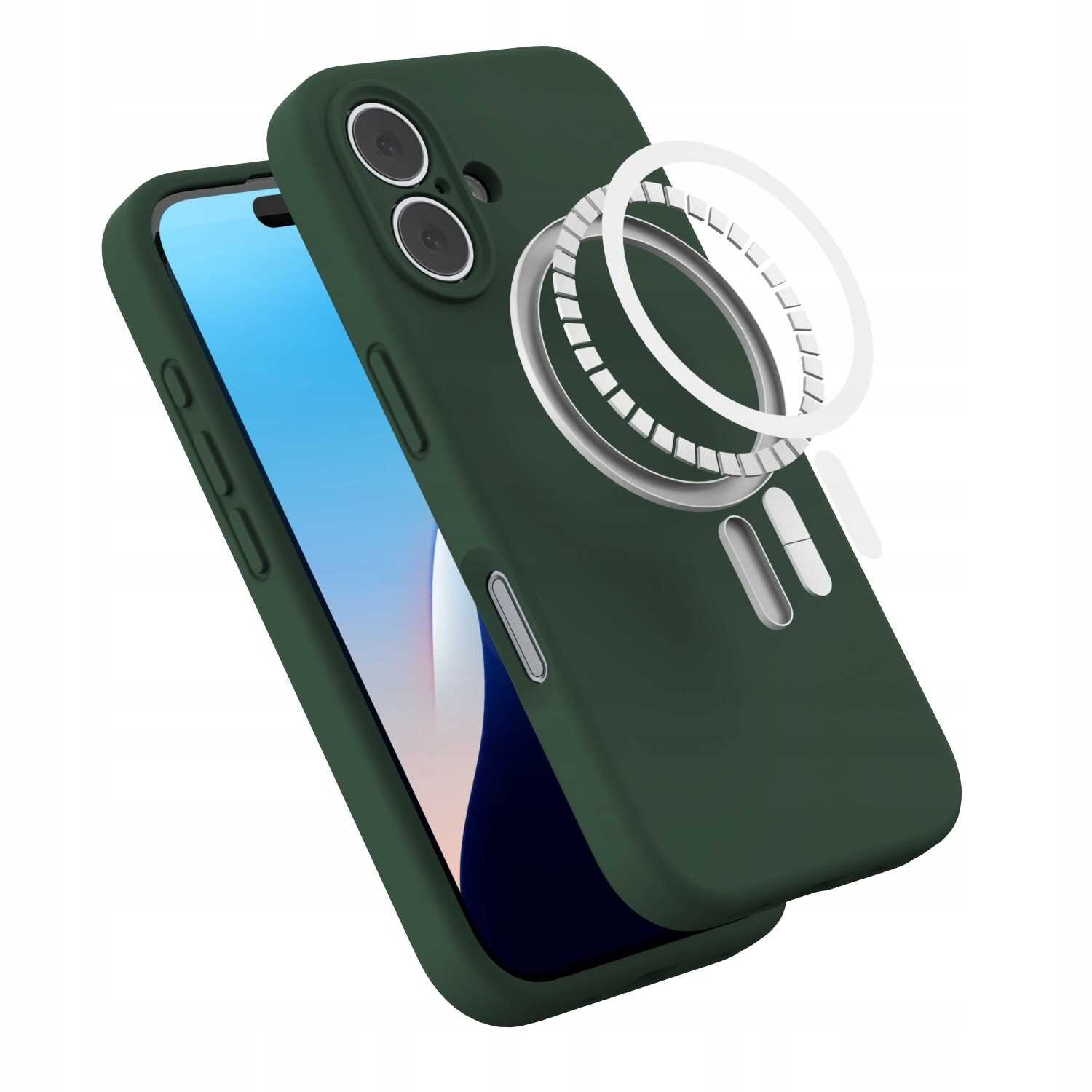 Zielone silikonowe etui z funkcją MagSafe, przeznaczone do iPhone 16, z widocznymi wycięciami na aparat i przyciski. Obok etui znajduje się ilustracja pierścienia magnetycznego.