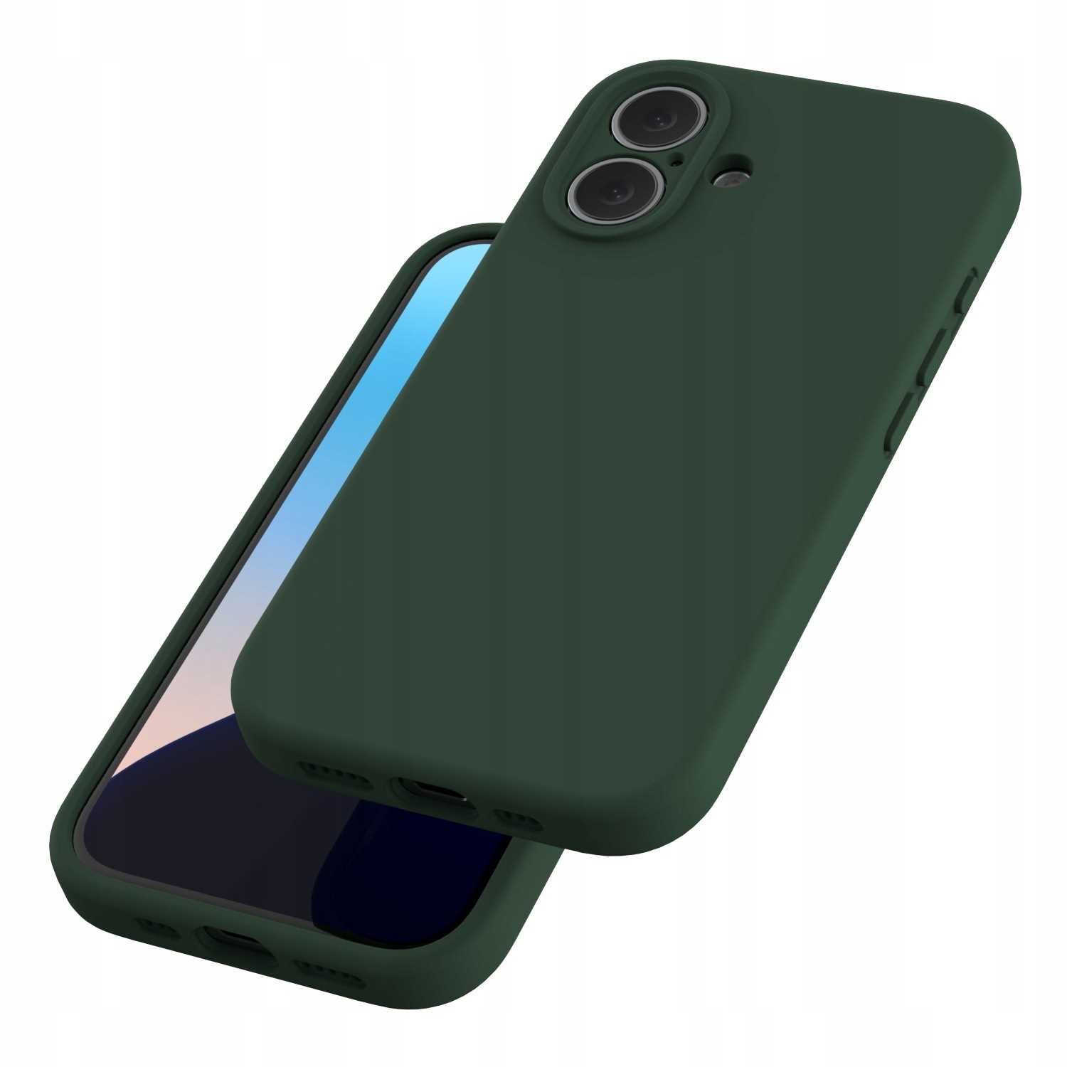 Zielone silikonowe etui na telefon z dwoma otworami na aparaty i przyciskami po bokach. Etui jest pokazane na telefonie z widocznym ekranem.
