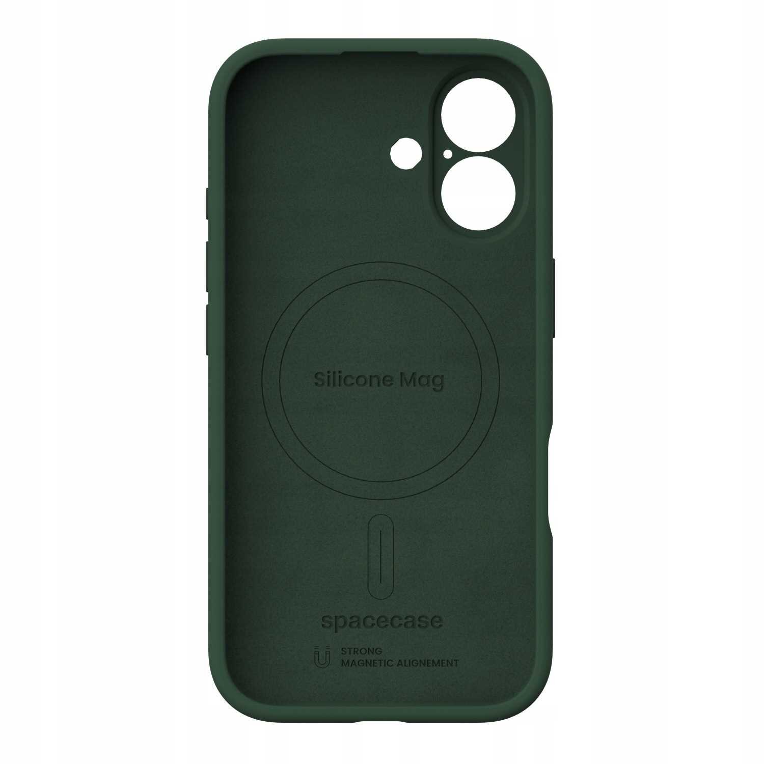 Zielone silikonowe etui z okrągłym wzorem i napisem \'Silicone Mag\'. Na dole widoczny jest napis \'spacecase\' oraz \'STRONG MAGNETIC ALIGNEMENT\'.