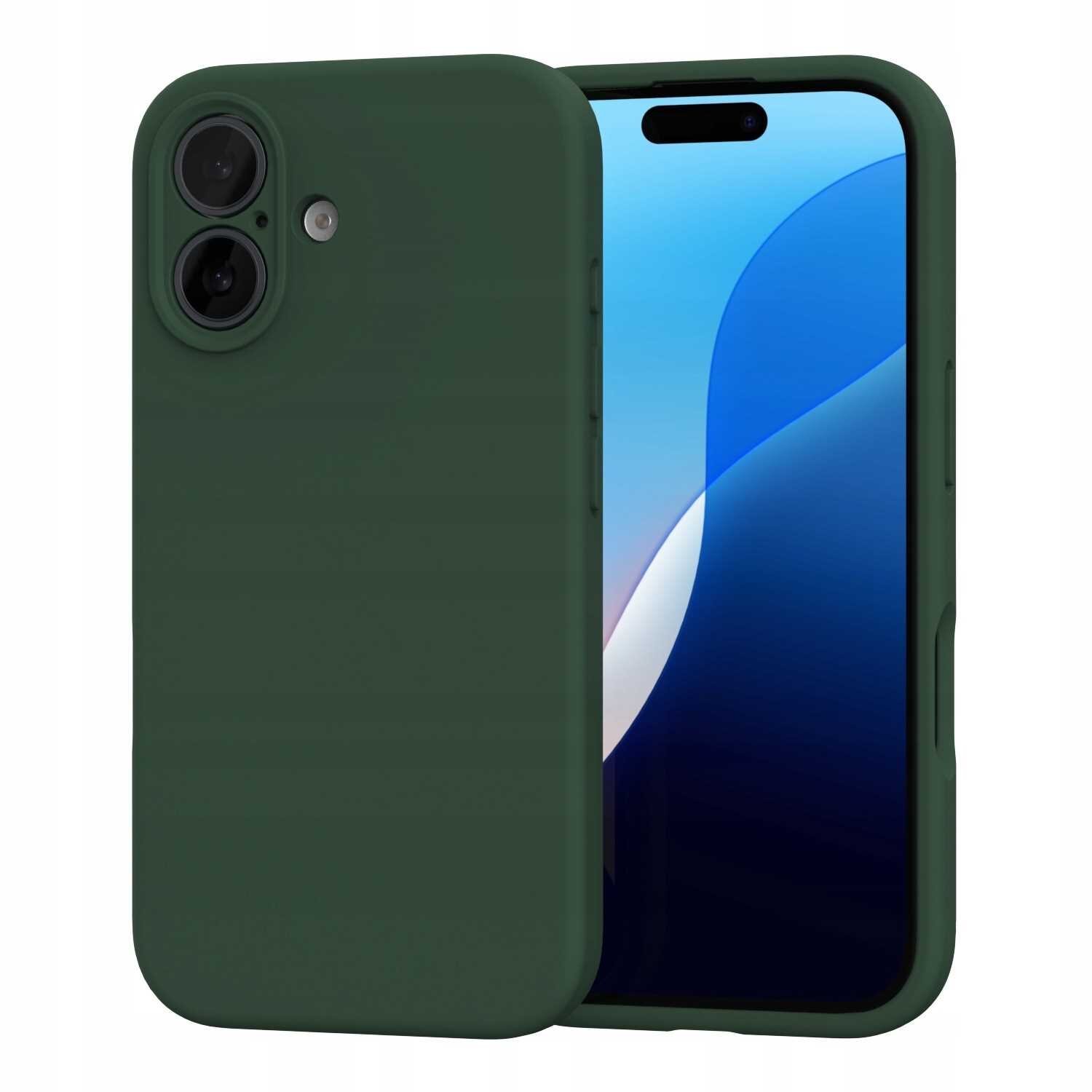 Zielone silikonowe etui na telefon z dwoma otworami na aparat i przyciskiem z boku. Etui jest dopasowane do kształtu telefonu i posiada wycięcie na ekran.