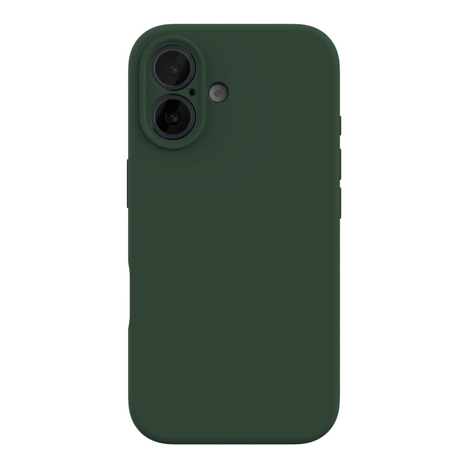 Zielone silikonowe etui na telefon z dwoma widocznymi otworami na aparaty i jednym na lampę błyskową.