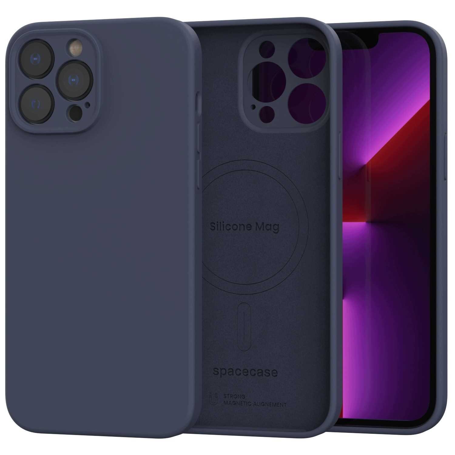 Silikonowe etui magnetyczne w kolorze niebieskim, przeznaczone do iPhone 13 Pro Max, z widocznym napisem \'Silicone Mag\' oraz logo \'spacecase\'.