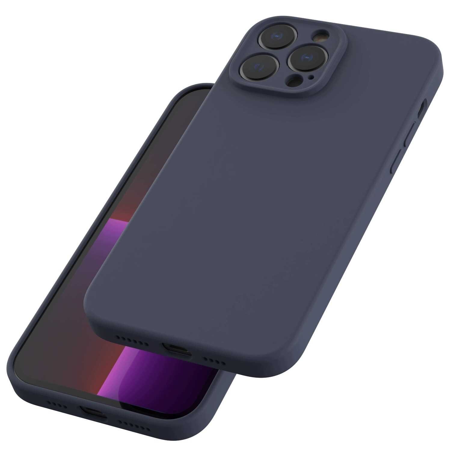 Na obrazie widoczne jest niebieskie silikonowe etui na telefon z trzema otworami na aparat. Etui jest pokazane z przodu i z tyłu, z widocznym wycięciem na port ładowania.