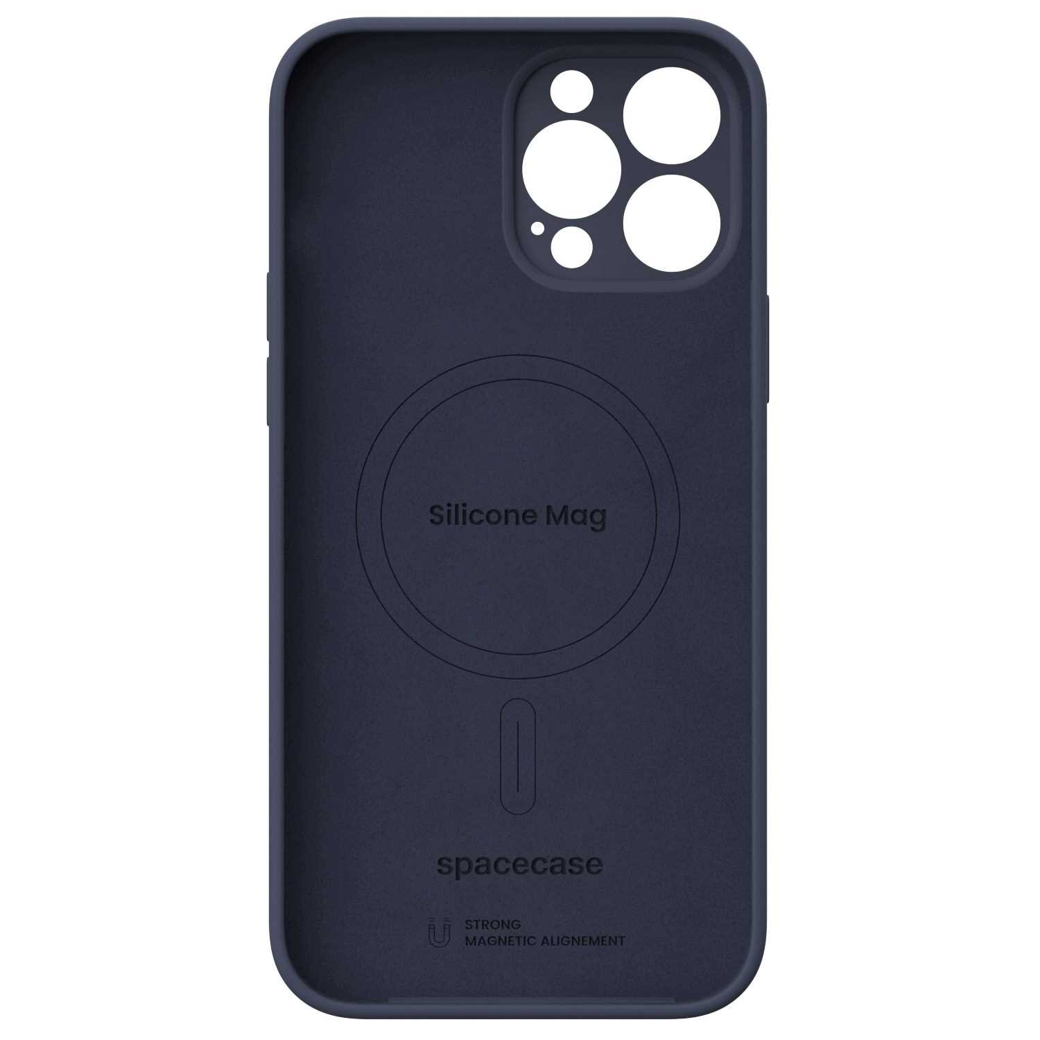 Niebieskie silikonowe etui z okrągłym wycięciem na aparat i napisem \'Silicone Mag\' oraz \'spacecase\'.