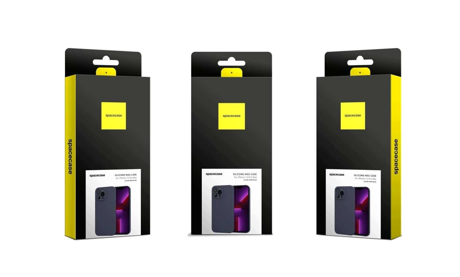 Trzy opakowania produktu SPACECASE z widocznym zdjęciem etui na telefon i napisem \'SILICONE MAG CASE\'.