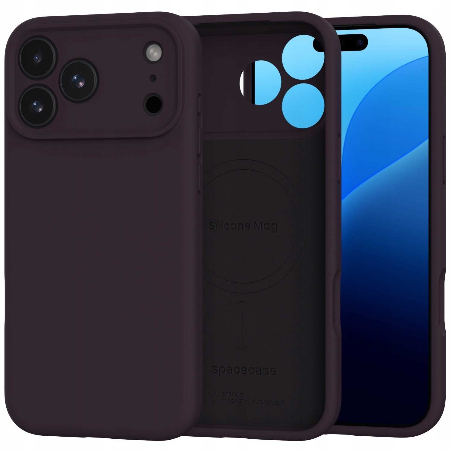 Na obrazie widoczne jest silikonowe etui magnetyczne w kolorze ciemnym, przeznaczone do telefonu z trzema aparatami. Na etui znajduje się napis \'Silicone Mag\' oraz \'spacecase\'.