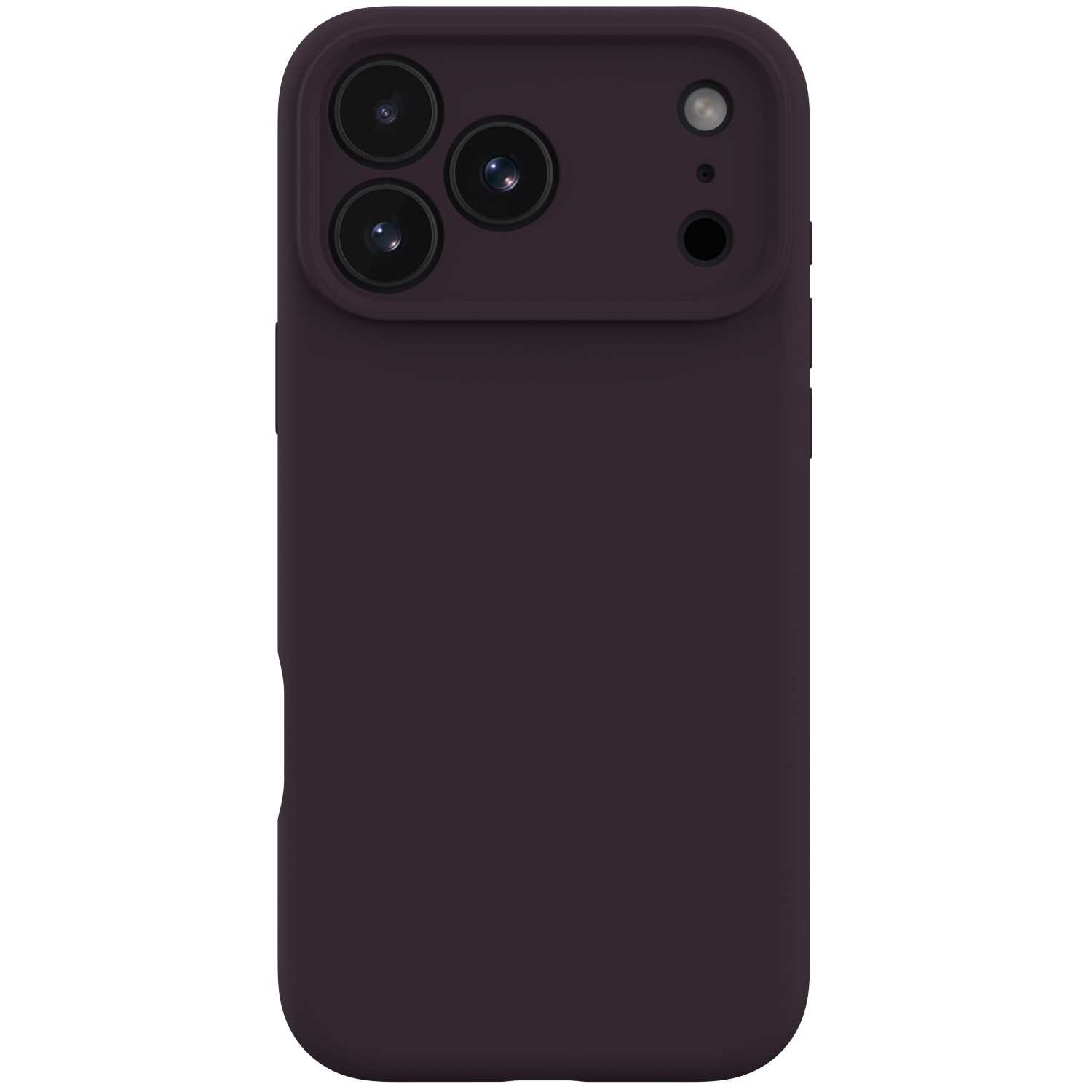 Na obrazie widoczne jest ciemne silikonowe etui na telefon z trzema dużymi otworami na aparaty i dodatkowymi mniejszymi otworami na inne elementy. Etui ma gładką powierzchnię i zaokrąglone krawędzie.