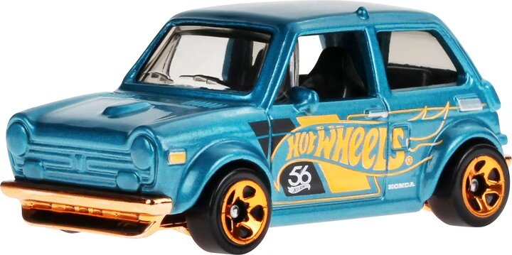 Model samochodu w kolorze niebieskim z pomarańczowymi felgami i złotymi detalami. Na boku widoczny jest napis \'Hot Wheels\' oraz liczba \'56\'.