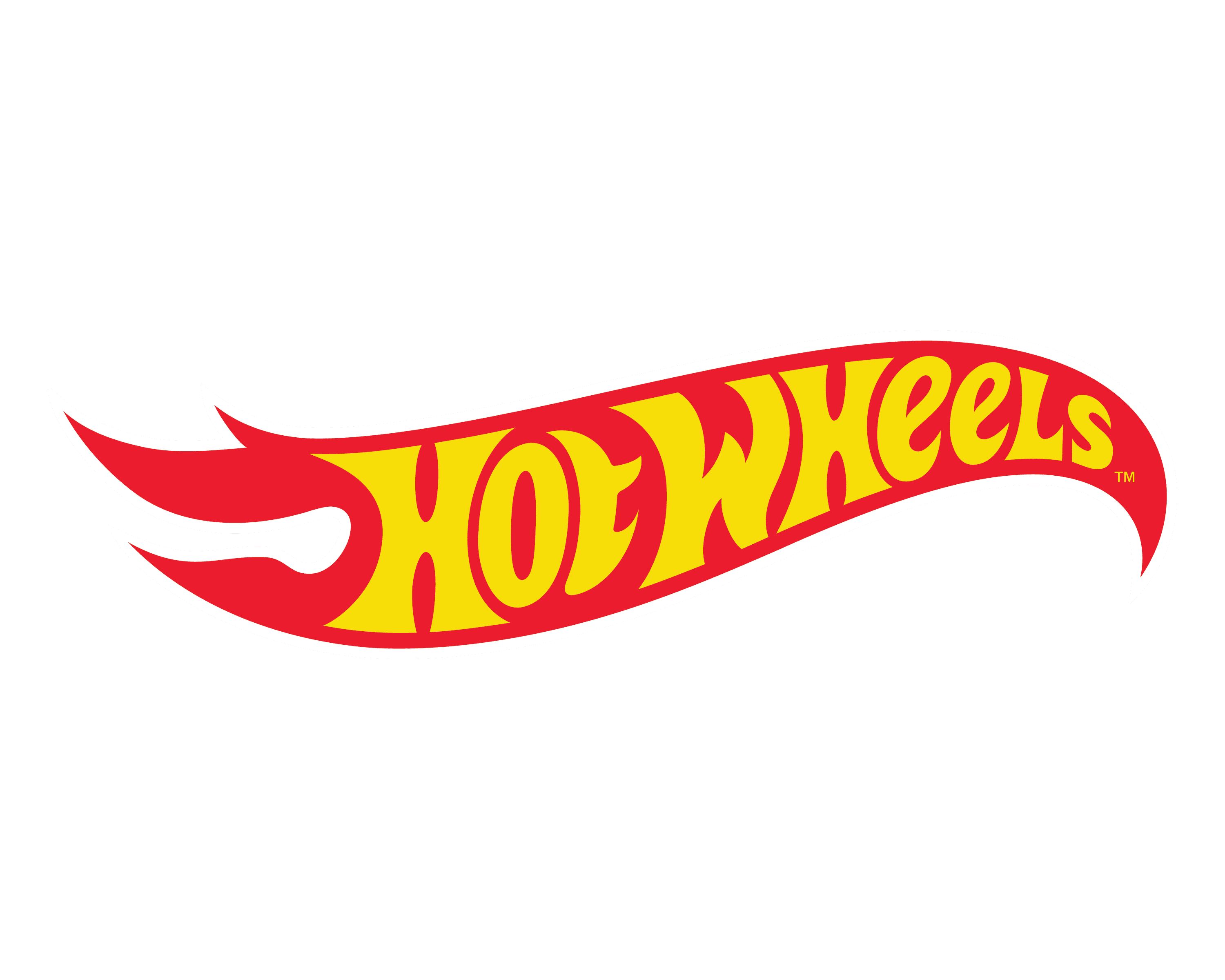 Logo Hot Wheels w kształcie płomienia, z żółtym napisem na czerwonym tle.
