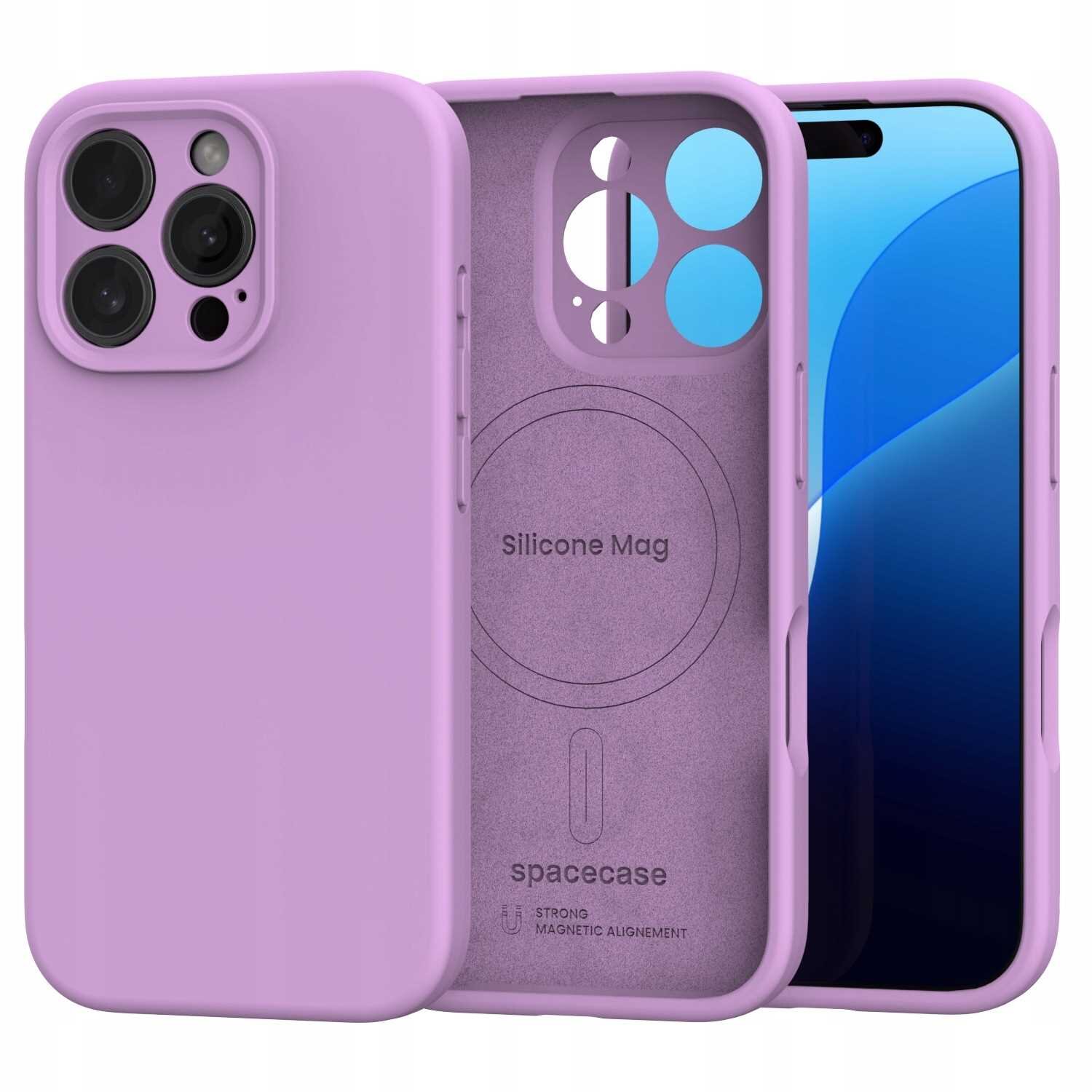 Różowe silikonowe etui magnetyczne z trzema otworami na aparaty i wycięciem na ekran. Wewnątrz widoczny napis \'Silicone Mag\' oraz logo \'spacecase\' z tekstem \'STRONG MAGNETIC ALIGNMENT\'.