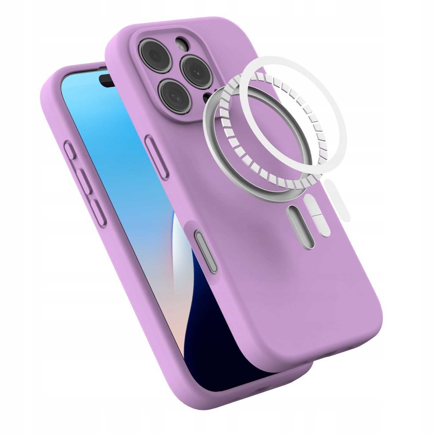 Różowe silikonowe etui magnetyczne z funkcją MagSafe, przeznaczone do iPhone 16 Pro. Etui posiada wycięcia na aparat i przyciski boczne.