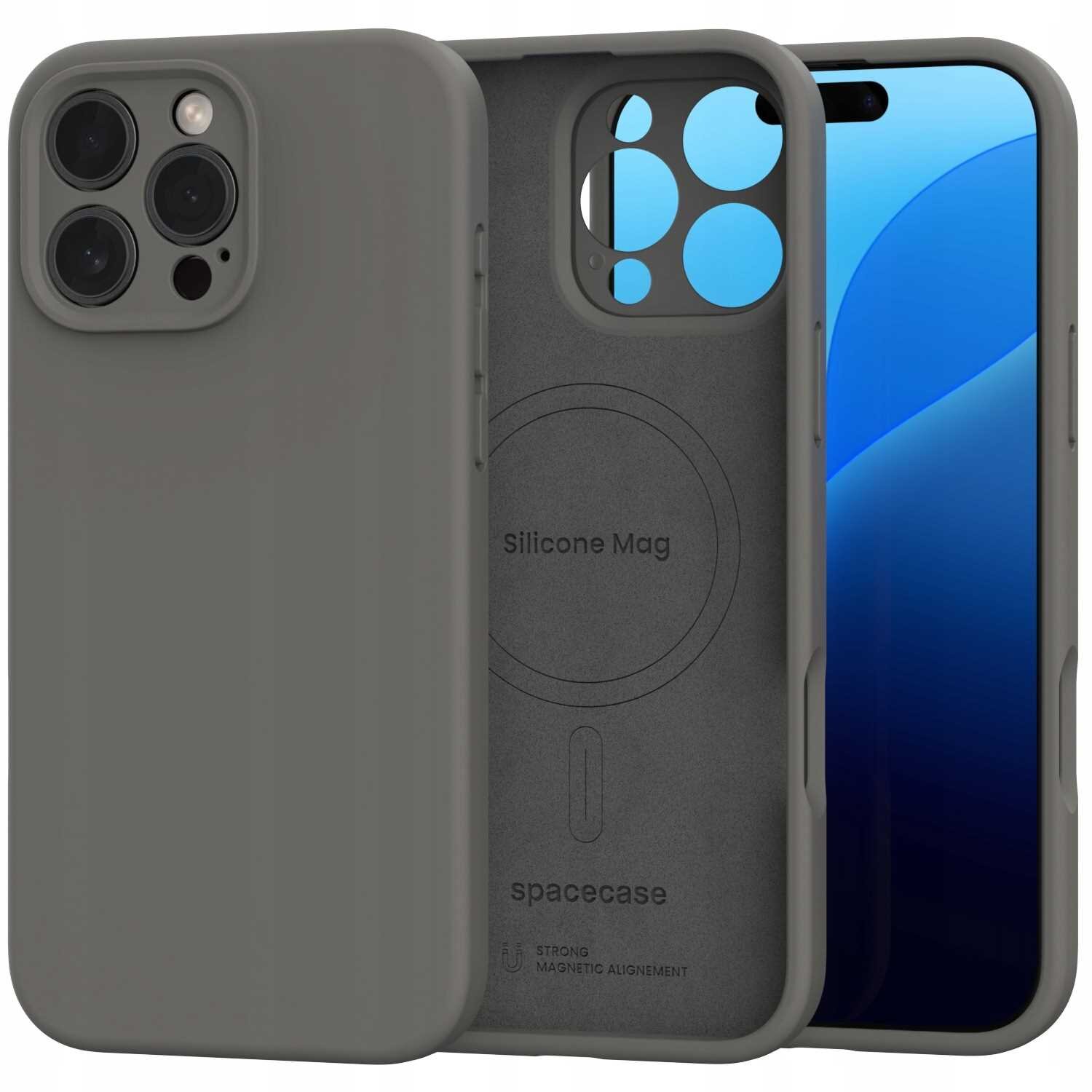Silikonowe etui magnetyczne w kolorze szarym, przeznaczone do iPhone 16 Pro Max, z widocznym napisem \'Silicone Mag\' oraz \'spacecase\'.