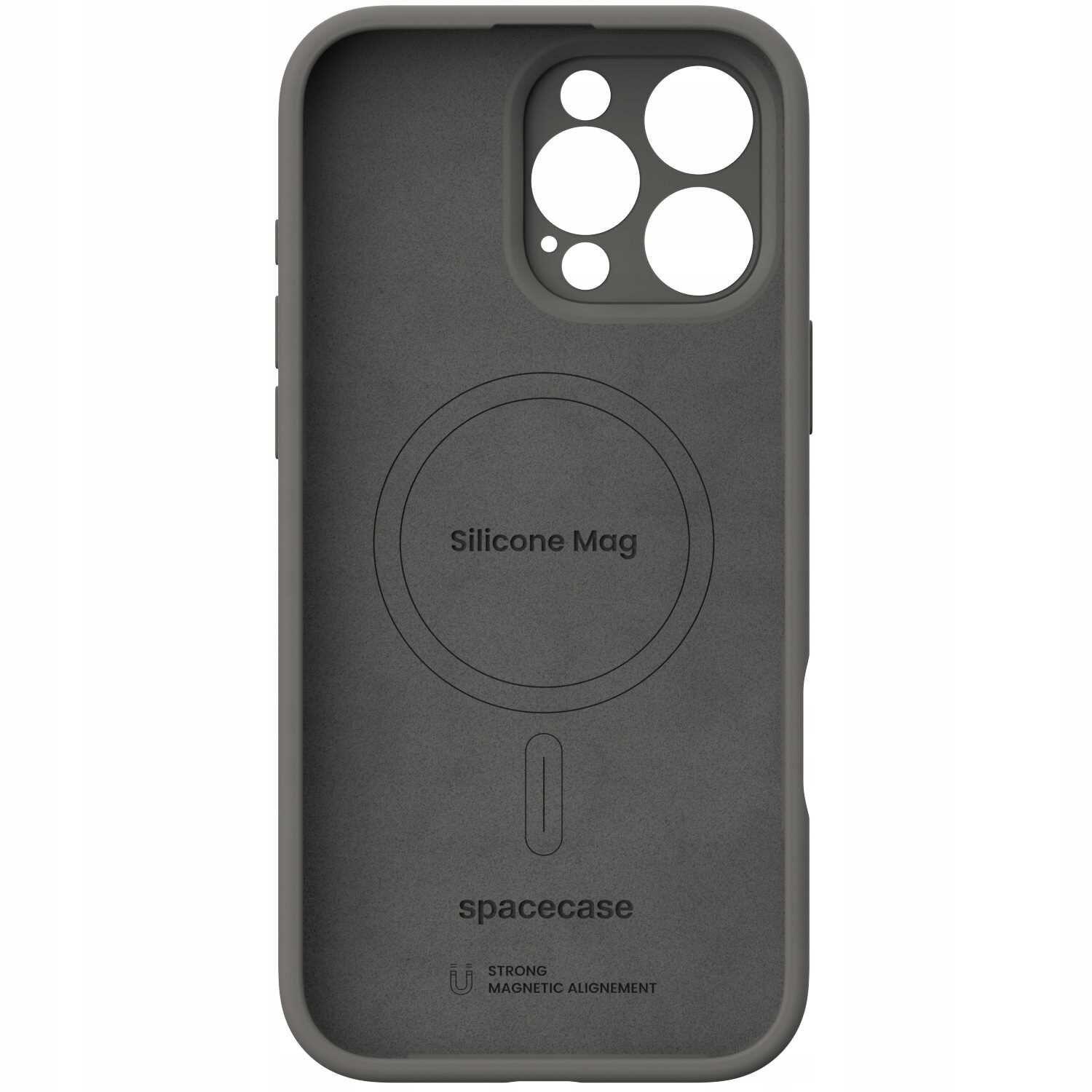Silikonowe etui magnetyczne w kolorze szarym z wycięciami na aparat i napisem \'Silicone Mag\' oraz \'spacecase\'.