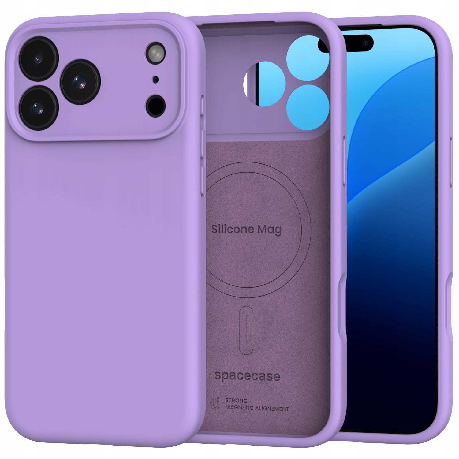 Fioletowe silikonowe etui magnetyczne z trzema otworami na aparaty i napisem \'Silicone Mag\' oraz \'spacecase\' wewnątrz. Etui jest przeznaczone do iPhone 17 Pro Max i posiada funkcję MagSafe.
