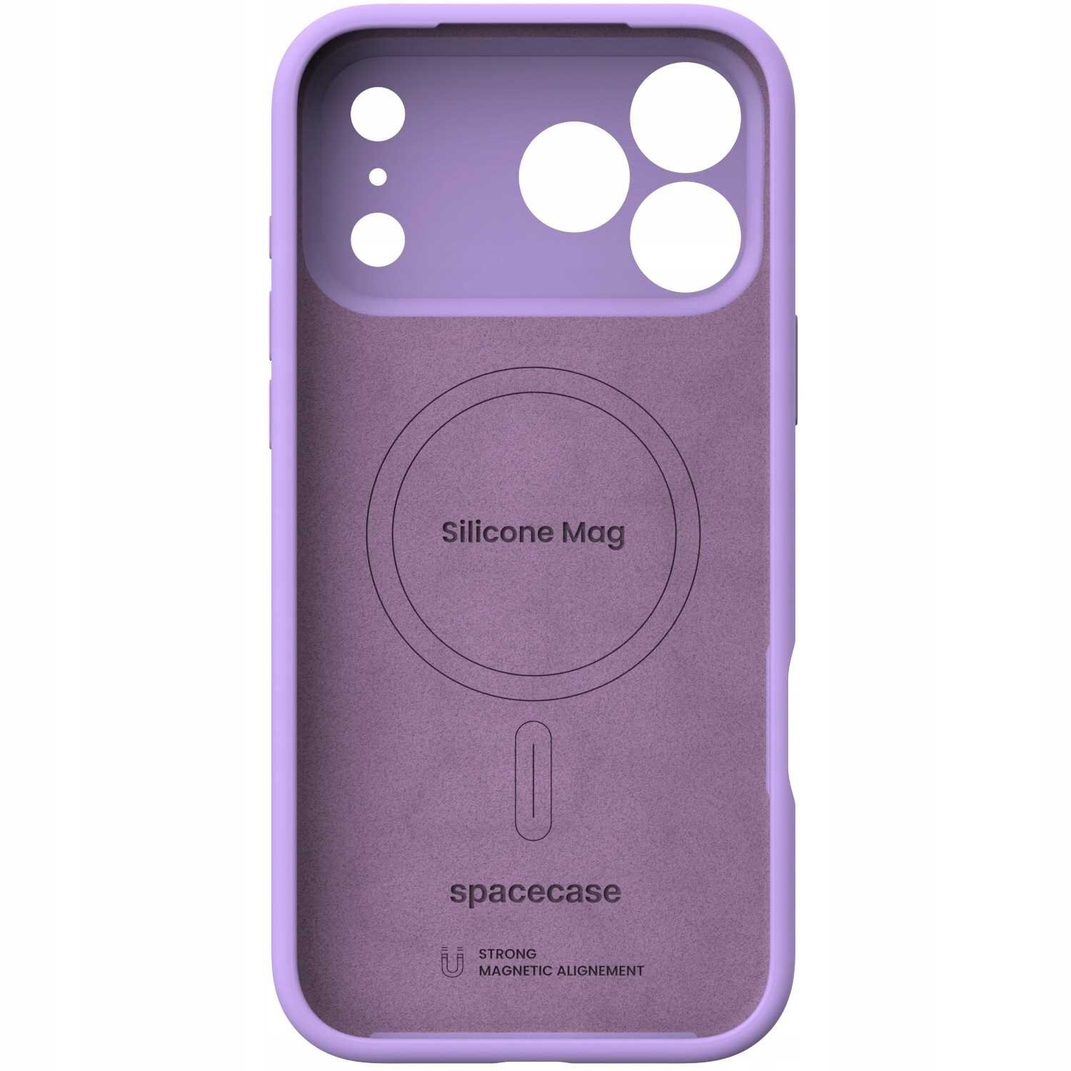 Fioletowe silikonowe etui z okrągłym wzorem na środku i napisem \'Silicone Mag\'. Na dole widoczny jest napis \'spacecase\' oraz symbol z tekstem \'STRONG MAGNETIC ALIGNEMENT\'.