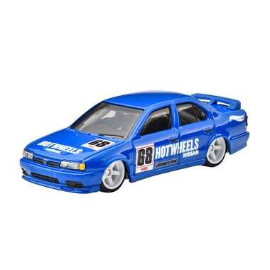 Model samochodu w kolorze niebieskim z numerem 68 i napisem \'HOTWHEELS\' na boku. Samochód ma sportowy wygląd z dużym tylnym spojlerem.