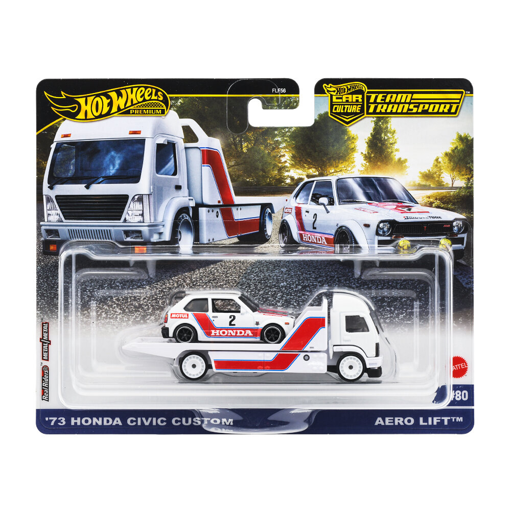 Opakowanie z modelem samochodu \'73 Honda Civic Custom na platformie Aero Lift, z widocznymi napisami \'HONDA\' i \'MOTUL\'. W tle ilustracja przedstawiająca ciężarówkę i samochód wyścigowy na drodze, z logo Hot Wheels Premium i Team Transport.