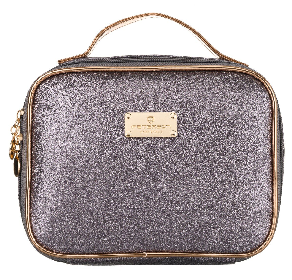 Brokatowy kuferek w kolorze srebrnym z uchwytem, posiada złotą tabliczkę z napisem \'PETERSON\'.