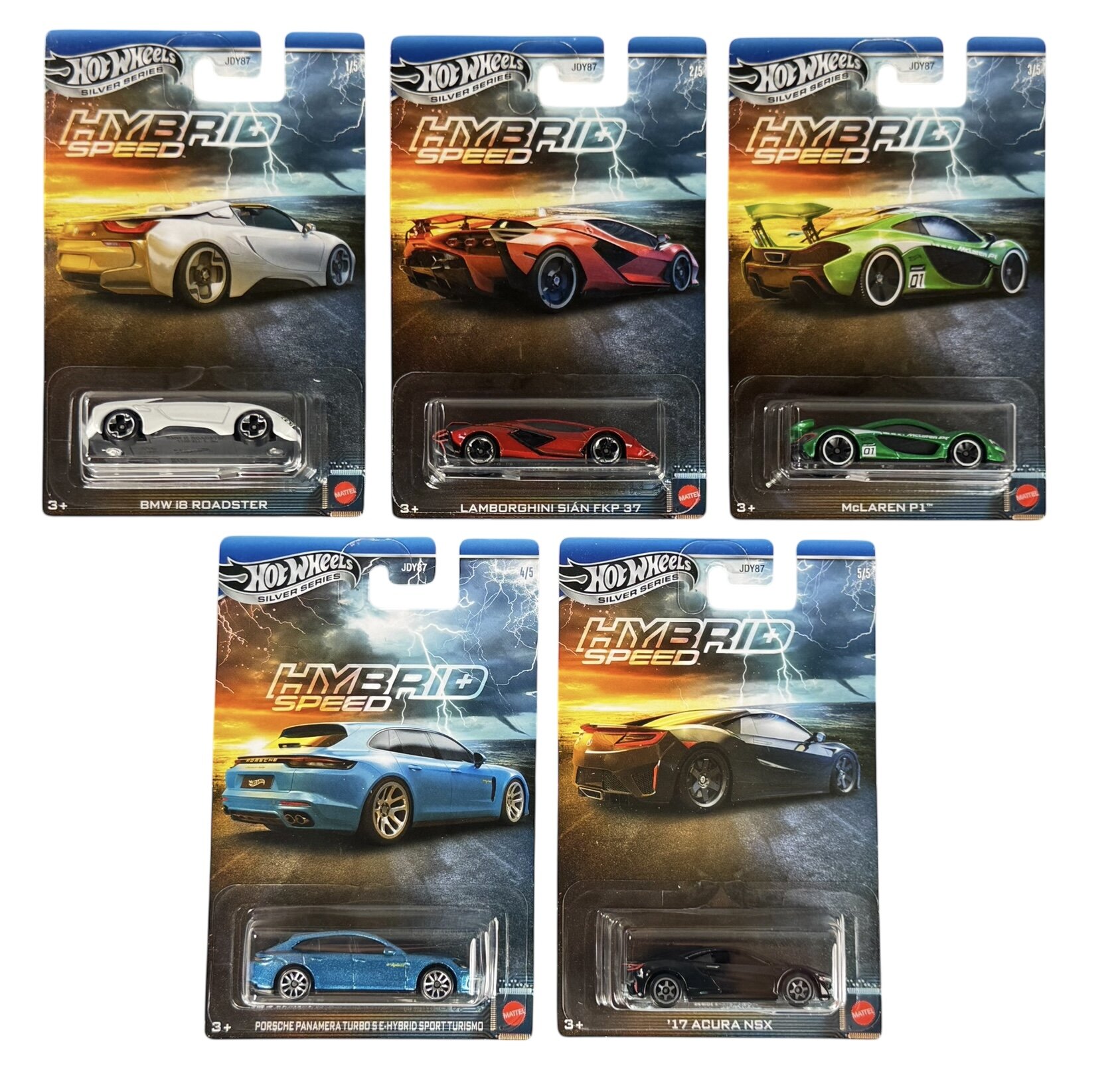 Na obrazie widoczne są pięć opakowań z modelami samochodów Hot Wheels z serii \'Hybrid Speed\'. Modele to: BMW i8 Roadster, Lamborghini Sián FKP 37, McLaren P1, Porsche Panamera Turbo S E-Hybrid Sport Turismo, \'17 Acura NSX.