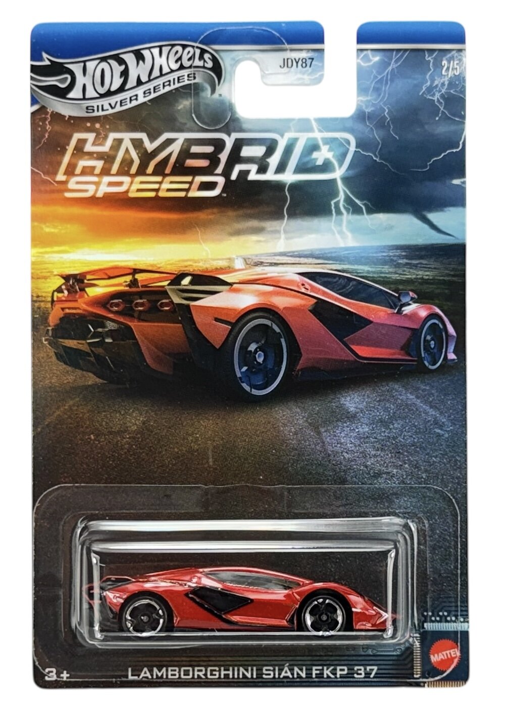 Opakowanie z modelem samochodu Hot Wheels, przedstawiające czerwony samochód Lamborghini Sián FKP 37. Na opakowaniu widnieje napis \'HYBRID SPEED\' oraz logo Mattel.