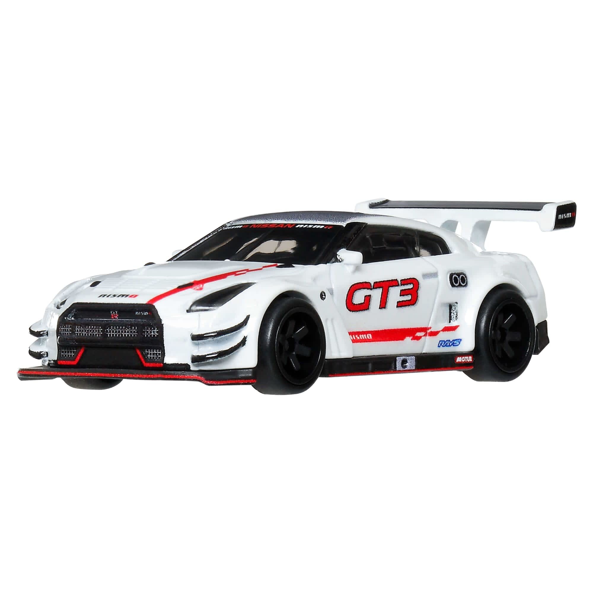 Model samochodu wyścigowego w skali 1:64, w kolorze białym z czerwonymi i czarnymi detalami, oznaczony napisami \'GT3\' i \'NISMO\'.