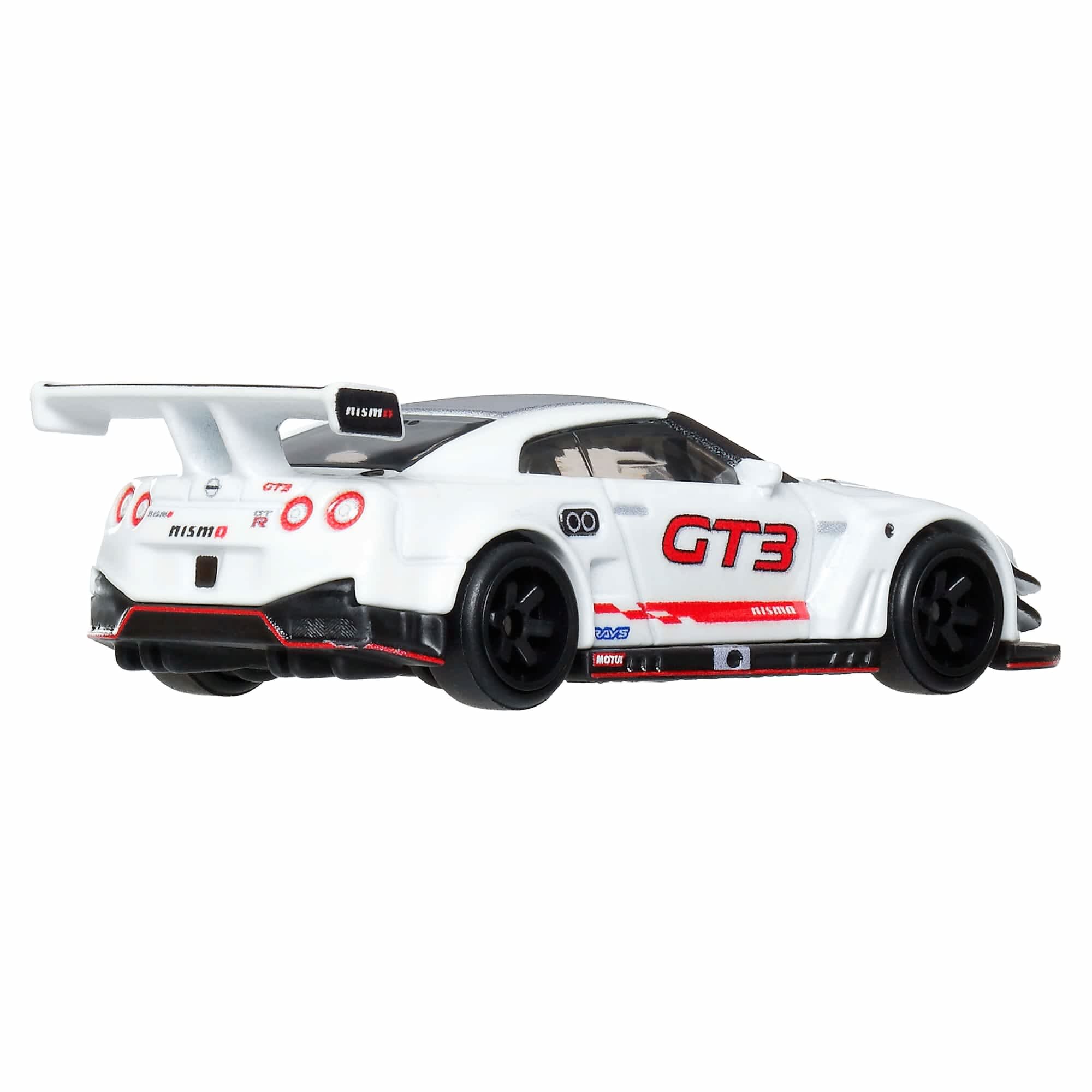 Model samochodu wyścigowego w skali 1:64, w kolorze białym z czarnymi i czerwonymi detalami, oznaczony napisami \'GT3\' i \'Nismo\'.