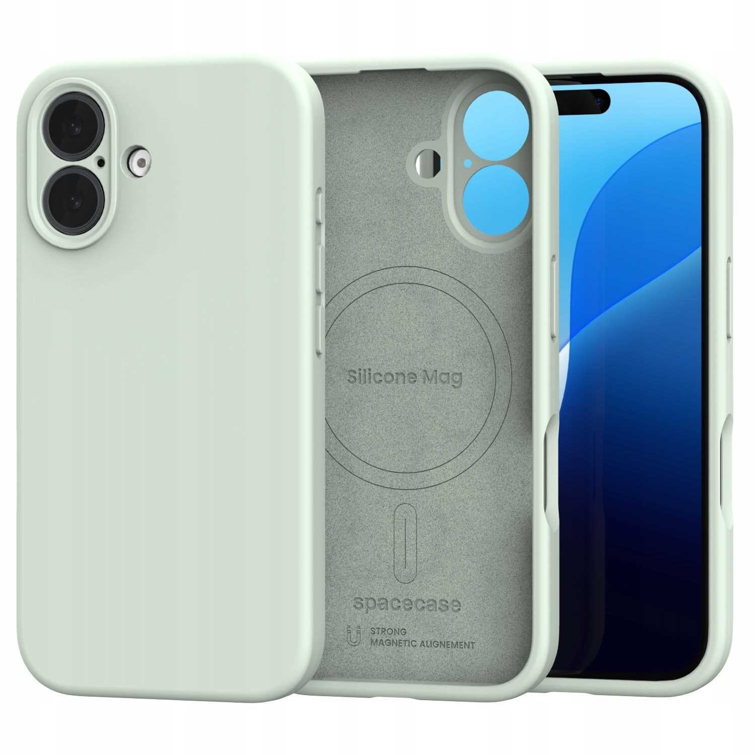 Silikonowe etui magnetyczne w kolorze zielonym, przeznaczone do iPhone 16, z widocznym napisem \'Silicone Mag\' oraz logo \'spacecase\'.