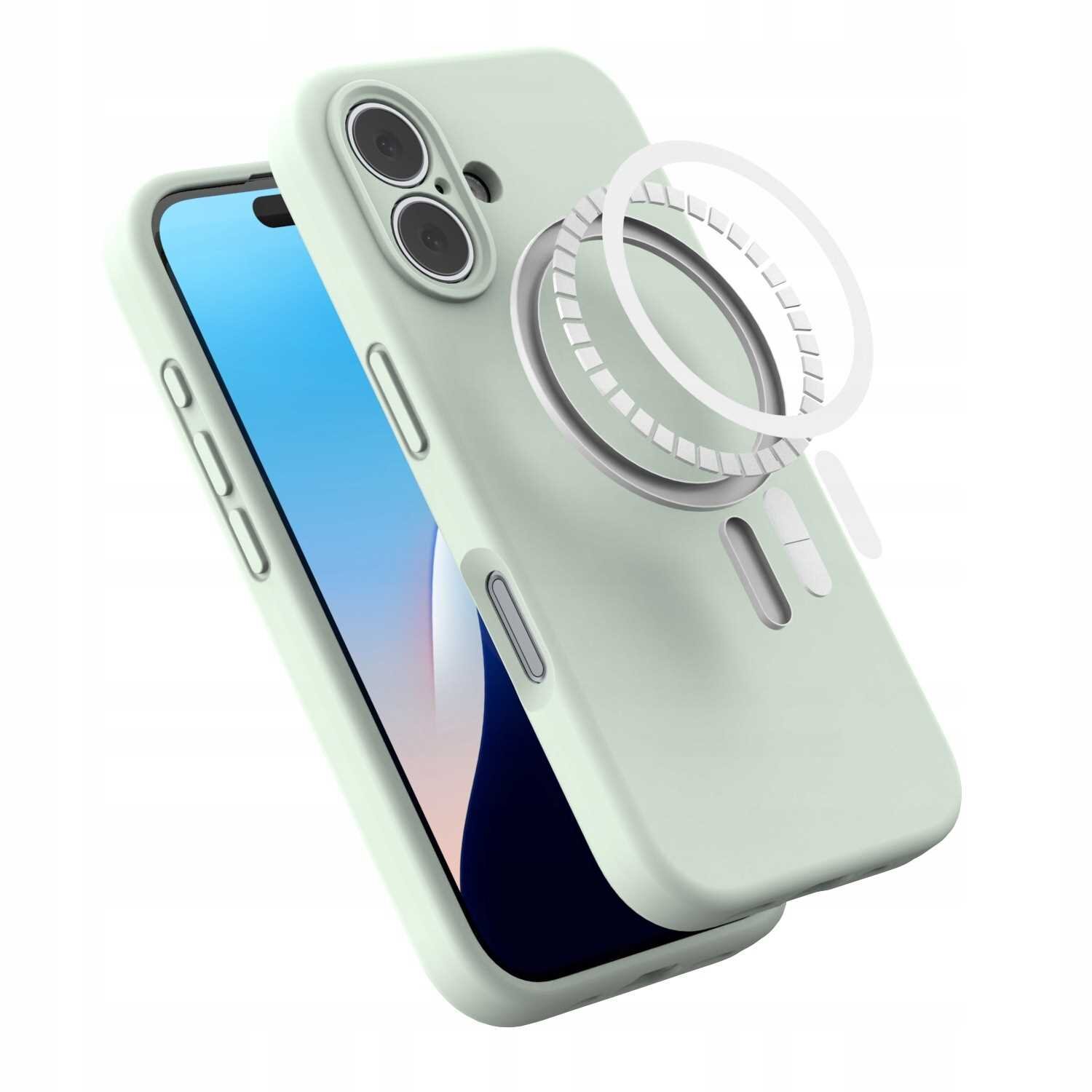 Zielone silikonowe etui magnetyczne z MagSafe do iPhone\'a z widocznymi przyciskami bocznymi i otworami na aparat. Obok etui znajduje się schematyczne przedstawienie pierścienia magnetycznego.