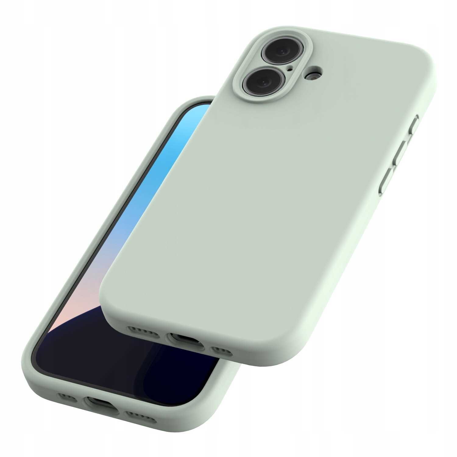 Obraz przedstawia zielone silikonowe etui na telefon z dwoma otworami na aparaty i dodatkowymi przyciskami po bokach. Etui jest pokazane z przodu i z tyłu, z widocznym ekranem telefonu.