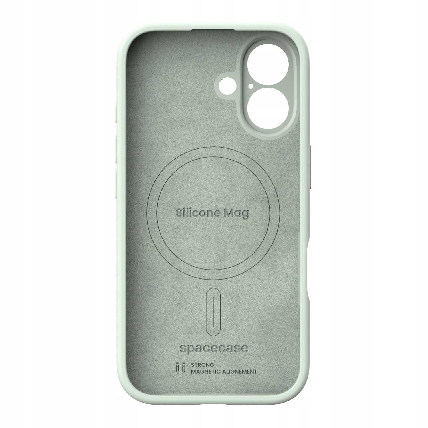 Zielone silikonowe etui z okrągłym wzorem i napisem \'Silicone Mag\' oraz \'spacecase\'. Widoczne są także napisy \'STRONG MAGNETIC ALIGNEMENT\'.