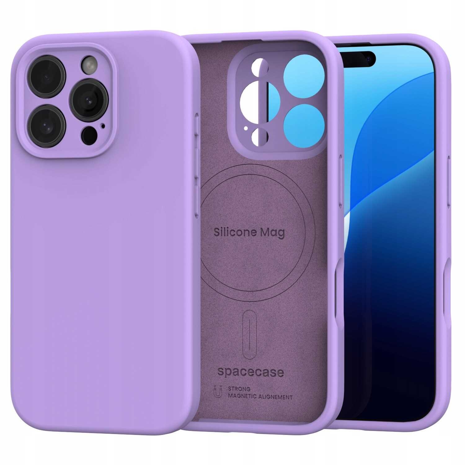 Fioletowe silikonowe etui magnetyczne z trzema otworami na aparaty i napisem \'Silicone Mag\' oraz \'spacecase\' wewnątrz. Etui jest przeznaczone do iPhone 16 Pro i posiada funkcję MagSafe.