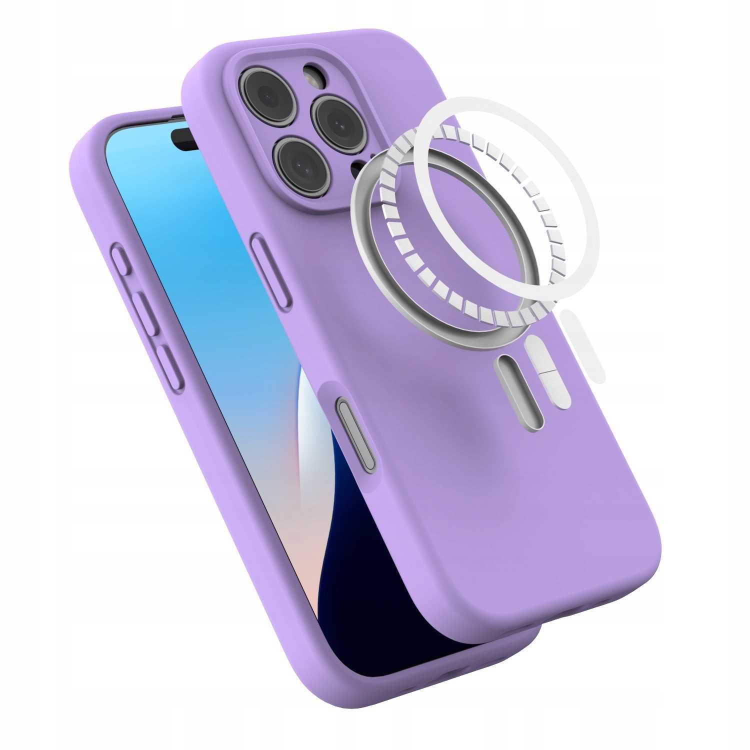 Fioletowe silikonowe etui magnetyczne z MagSafe do iPhone\'a z trzema widocznymi aparatami. Obok etui znajduje się schematyczny rysunek pierścienia magnetycznego.