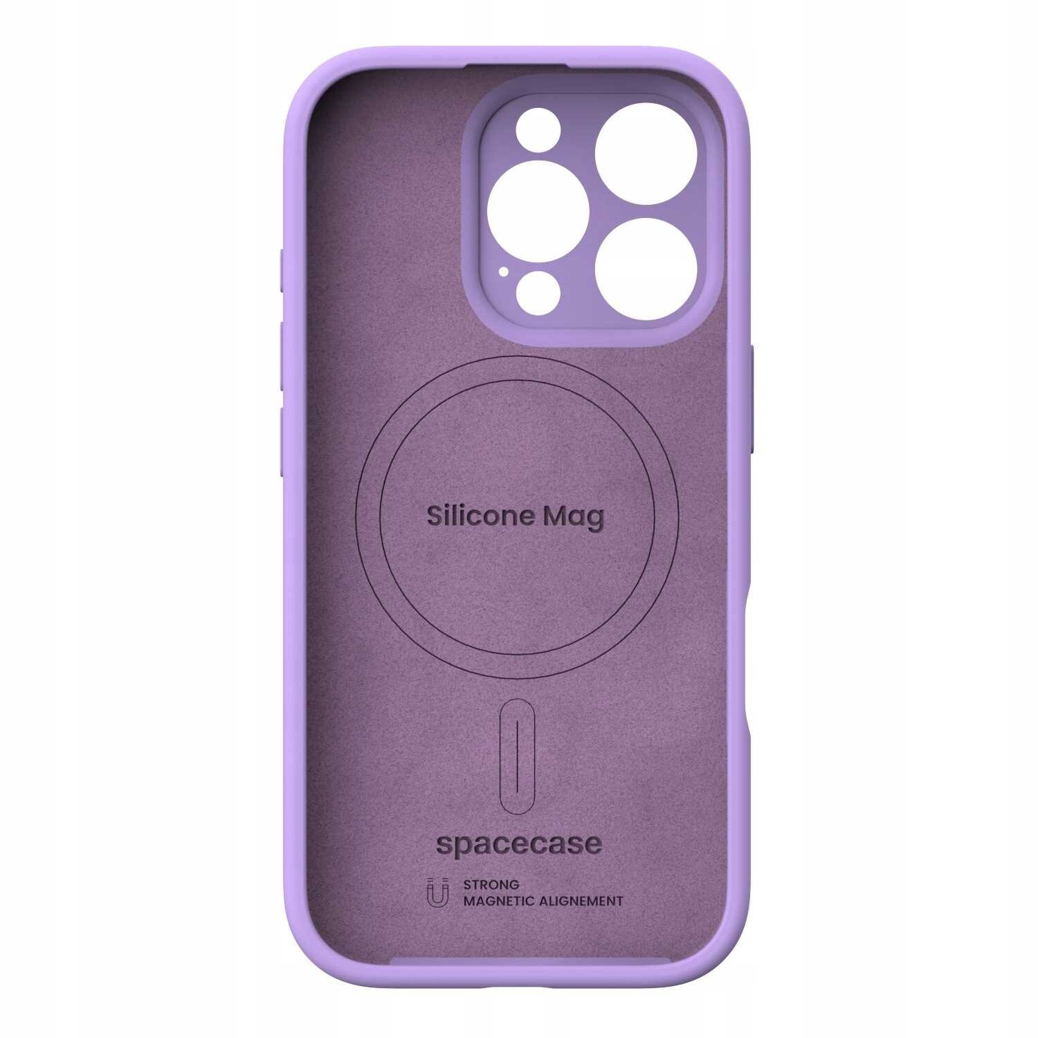 Fioletowe silikonowe etui z okrągłym wycięciem na aparat i napisem \'Silicone Mag\' oraz \'spacecase\'. Widoczne są również symbole i napis \'STRONG MAGNETIC ALIGNEMENT\'.
