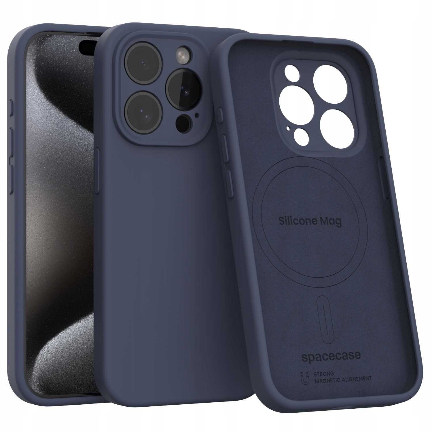 Na obrazie widoczne jest niebieskie silikonowe etui z otworami na aparat i napisem \'Silicone Mag\' oraz \'spacecase\'.